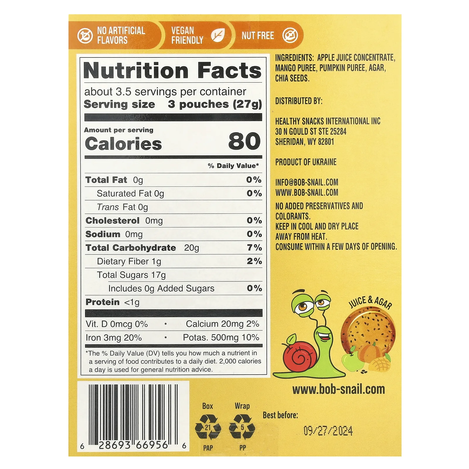 Bob Snail, Fruit Gummy Snack, яблоко, манго, тыква и чиа, 10 шт., 9 г (0,32 унции)