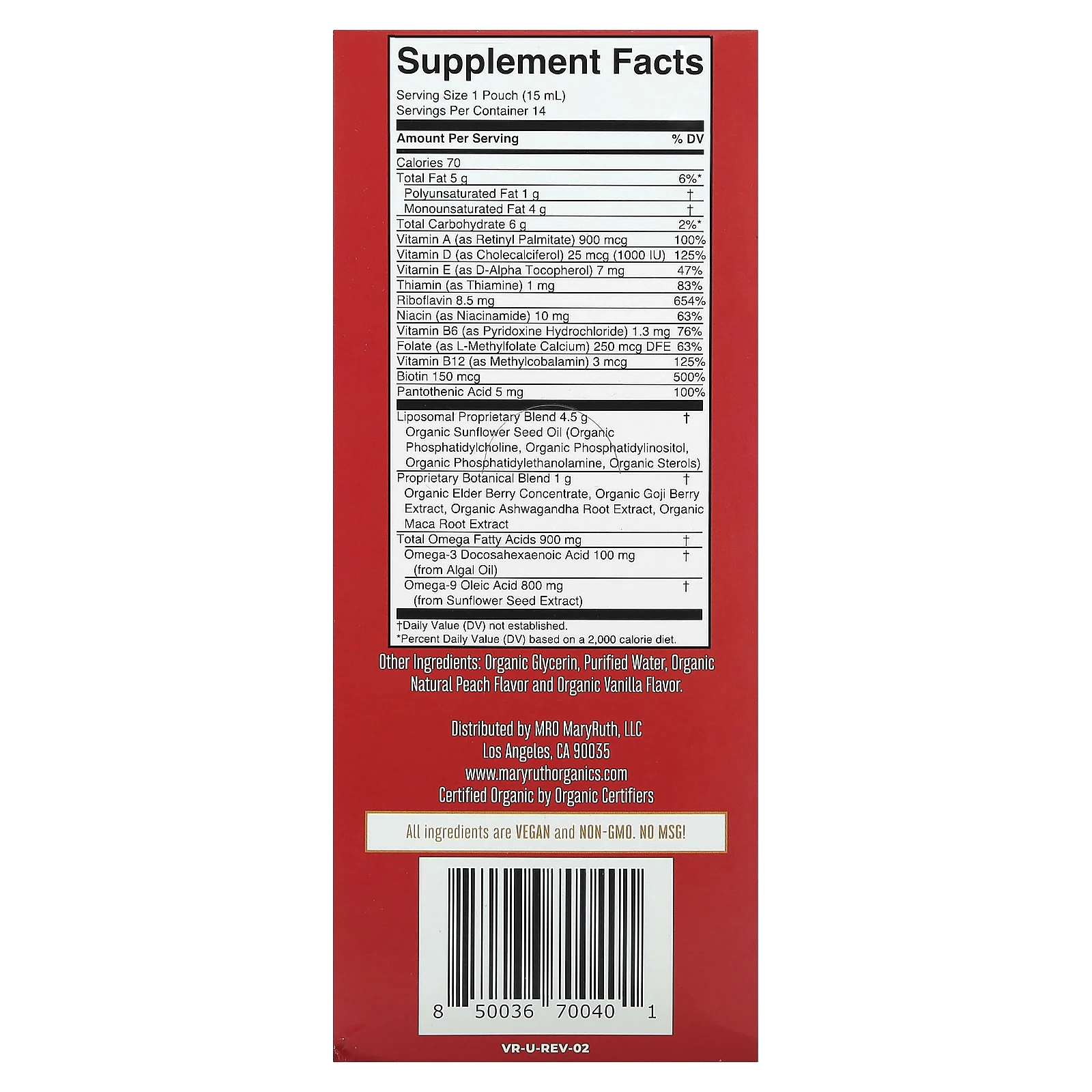 MaryRuth's, органические липосомальные мультивитамины для мужчин, со вкусом ванили и персика, 14 пакетиков по 15 мл (0,5 жидк. унции)