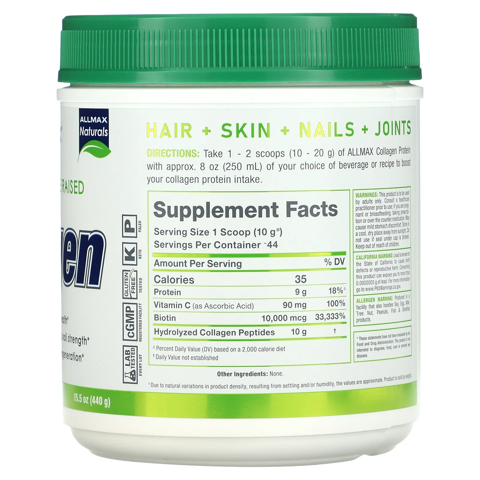 ALLMAX, Экологически чистый коллаген с 10 000 мкг биотина + 90 мг витамина C, 440 г (15,5 унции)