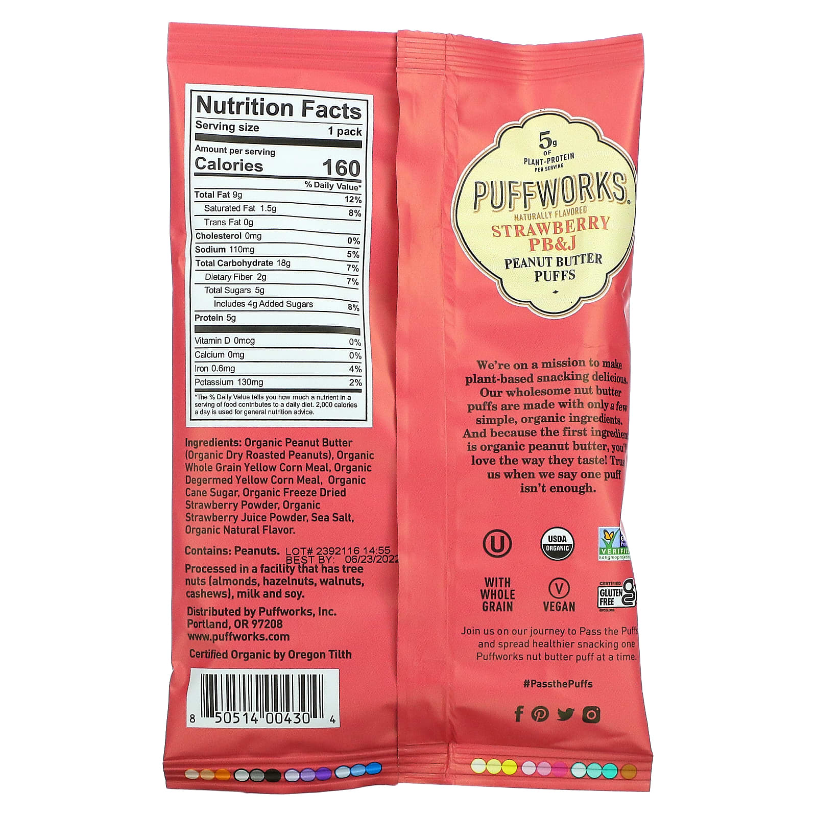 Puffworks, Арахисовая паста, клубника, PB&J, 6 пакетиков по 34 г (1,2 унции)