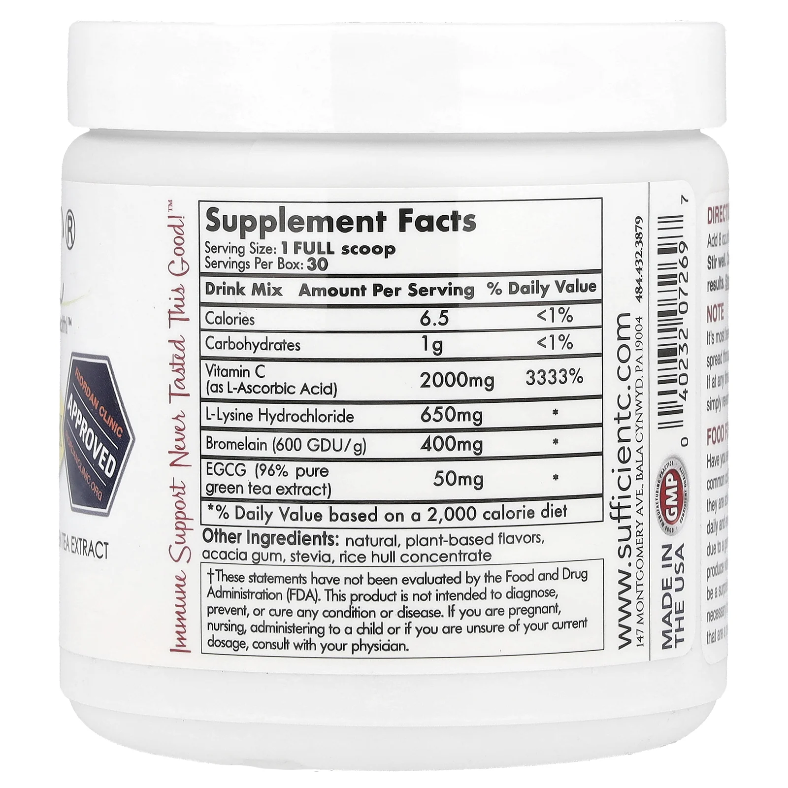 Sufficient C, Высокодозированная смесь для напитков с иммунитетом, лимон и персик, 4000 мг, 125 г