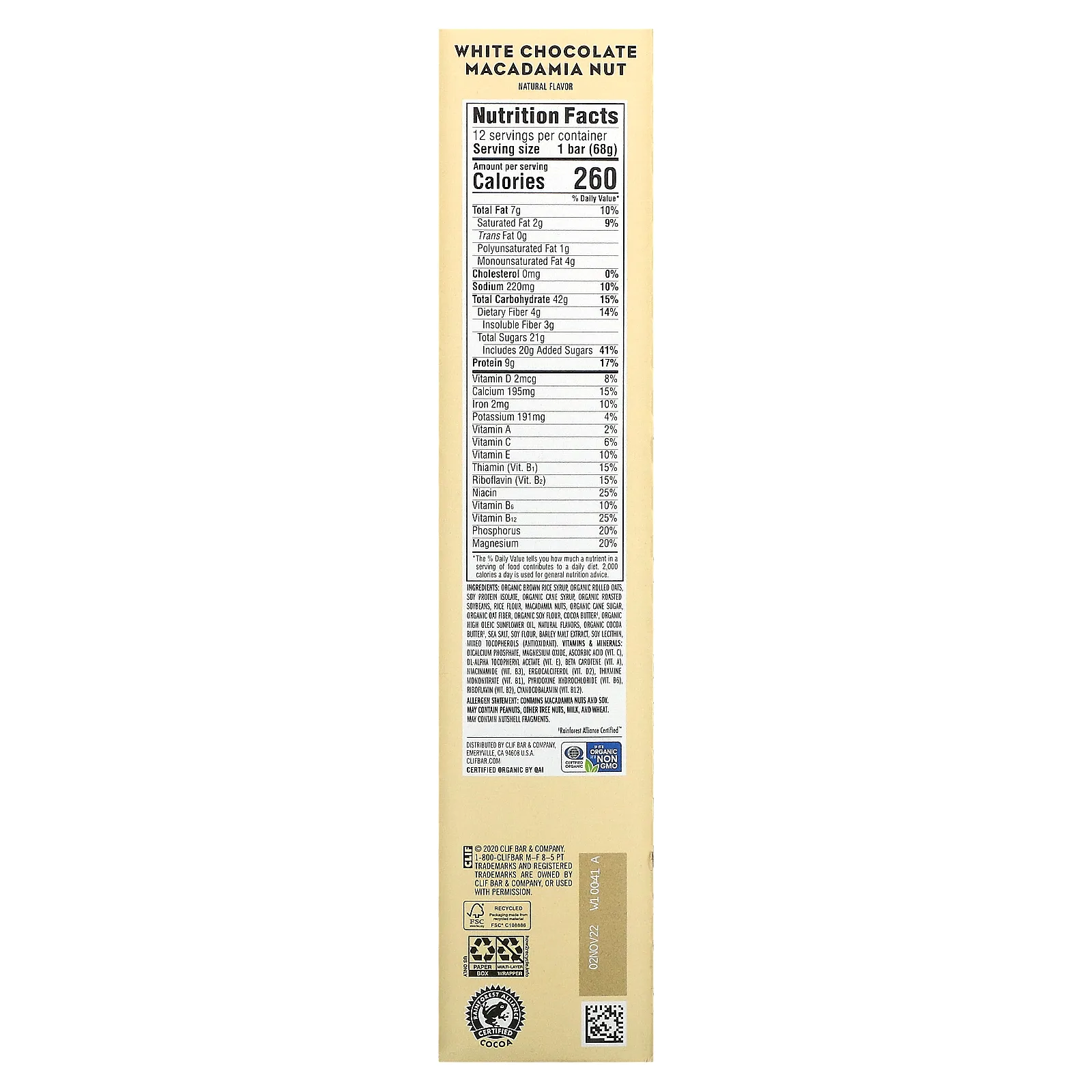 Clif Bar, Энергетический батончик с белым шоколадом и орехом макадамия, 12 батончиков, 2,40 унции (68 г) каждый