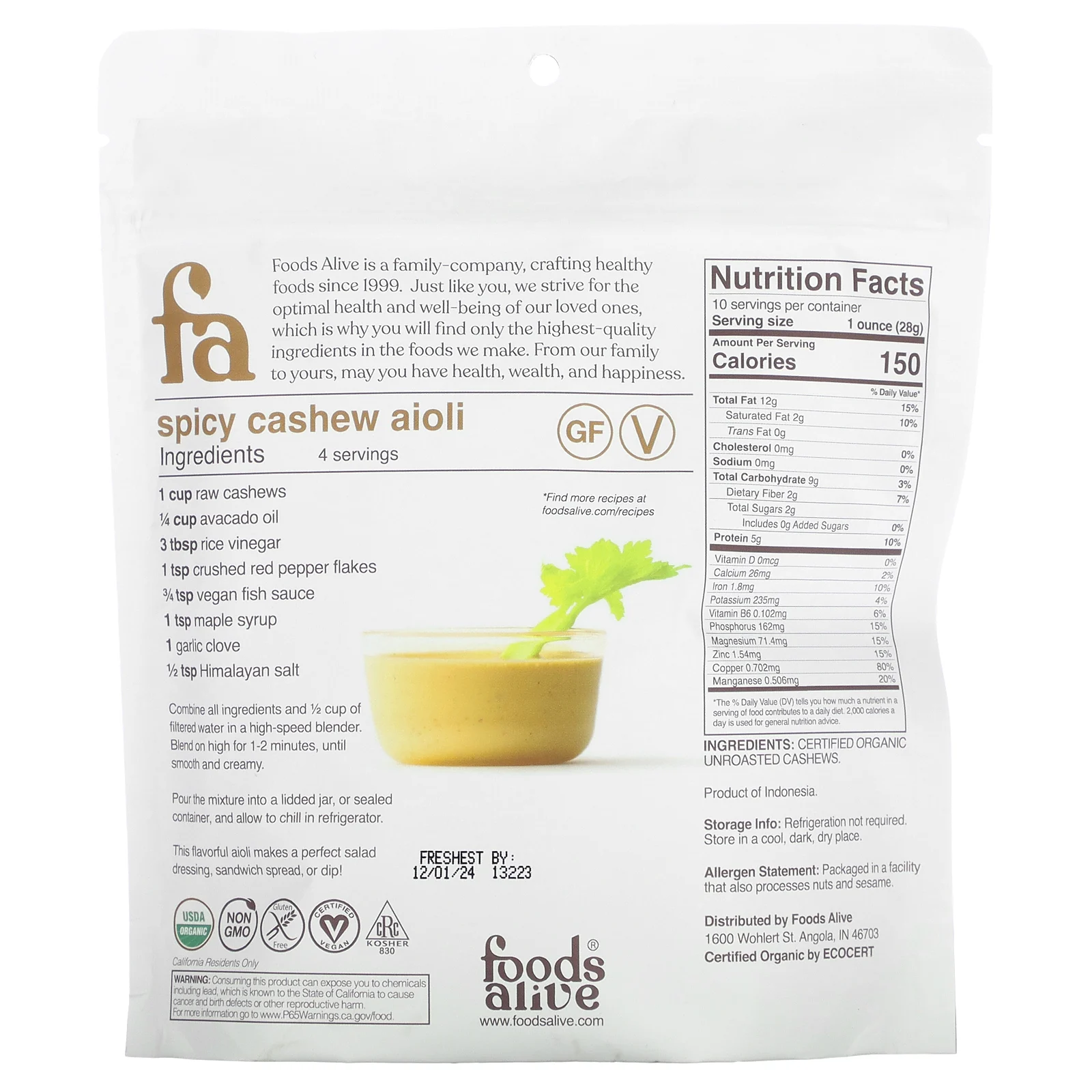 Foods Alive, органические орехи кешью, цельные, 284 г (10 унций)