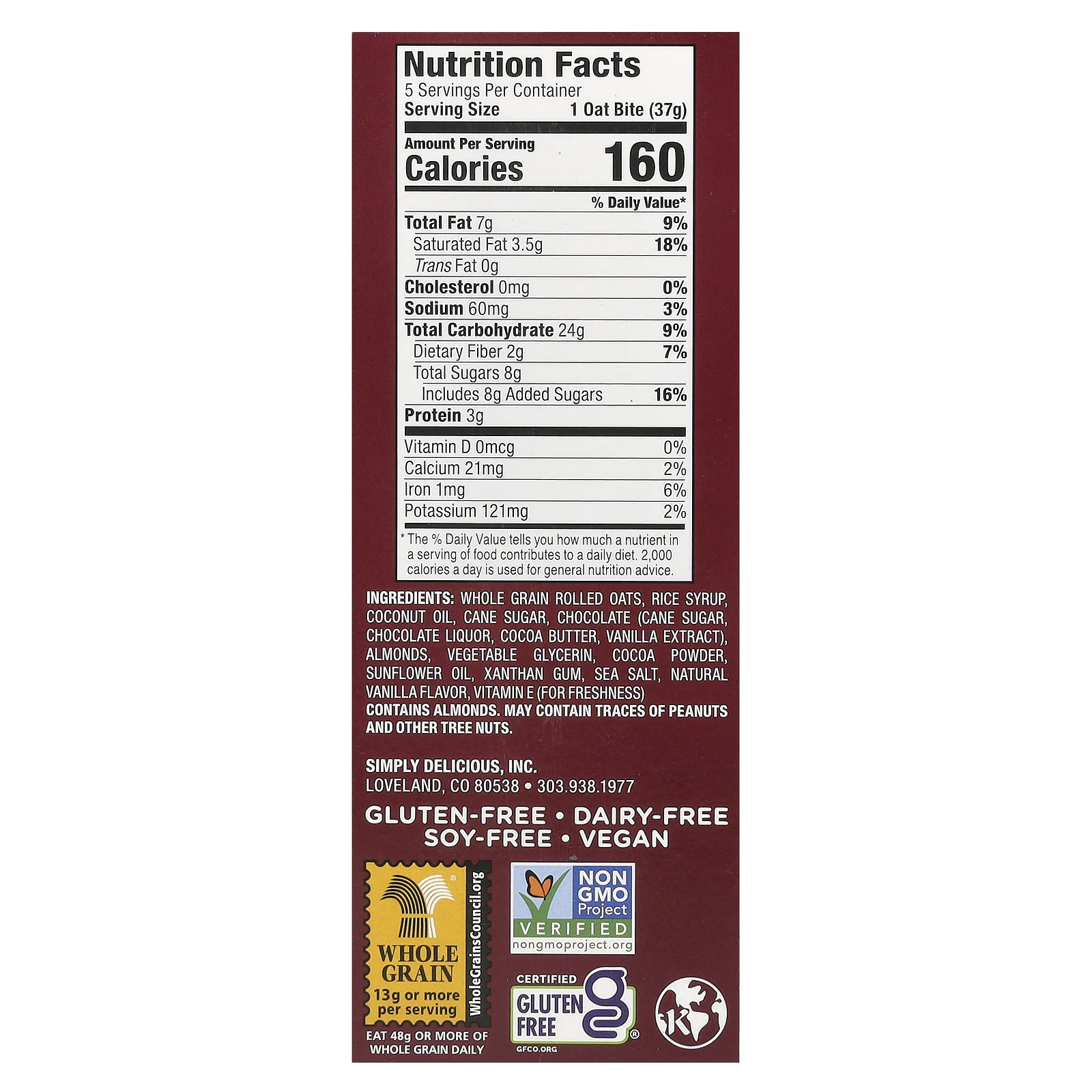 Bobo's Oat Bars, Овсяные кусочки с шоколадом и миндалем, 5 кусочков по 37 г (1,3 унции)