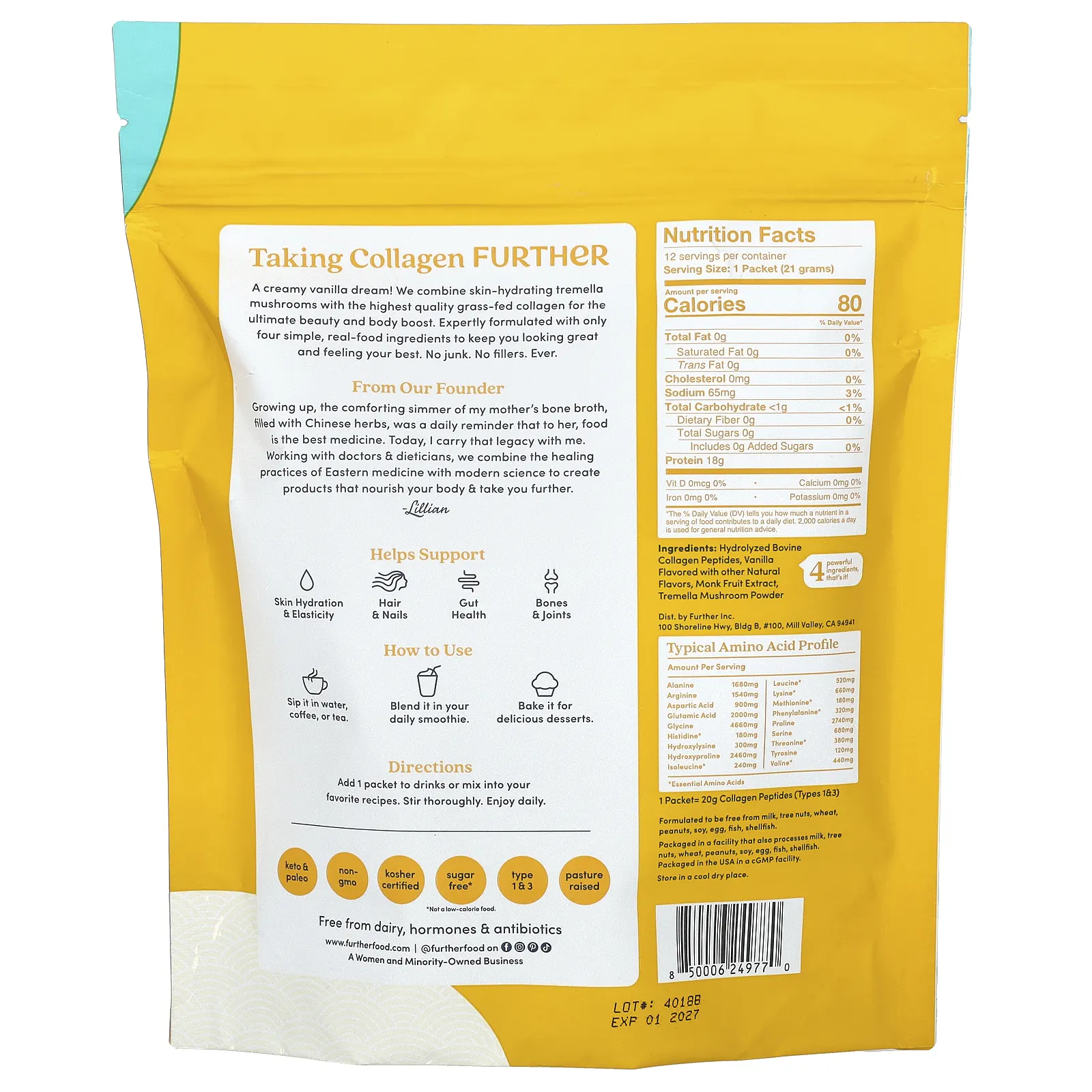 Further Food, Пептиды коллагена от травяного откорма, ваниль, 12 пакетиков по 21 г (0,74 унции)