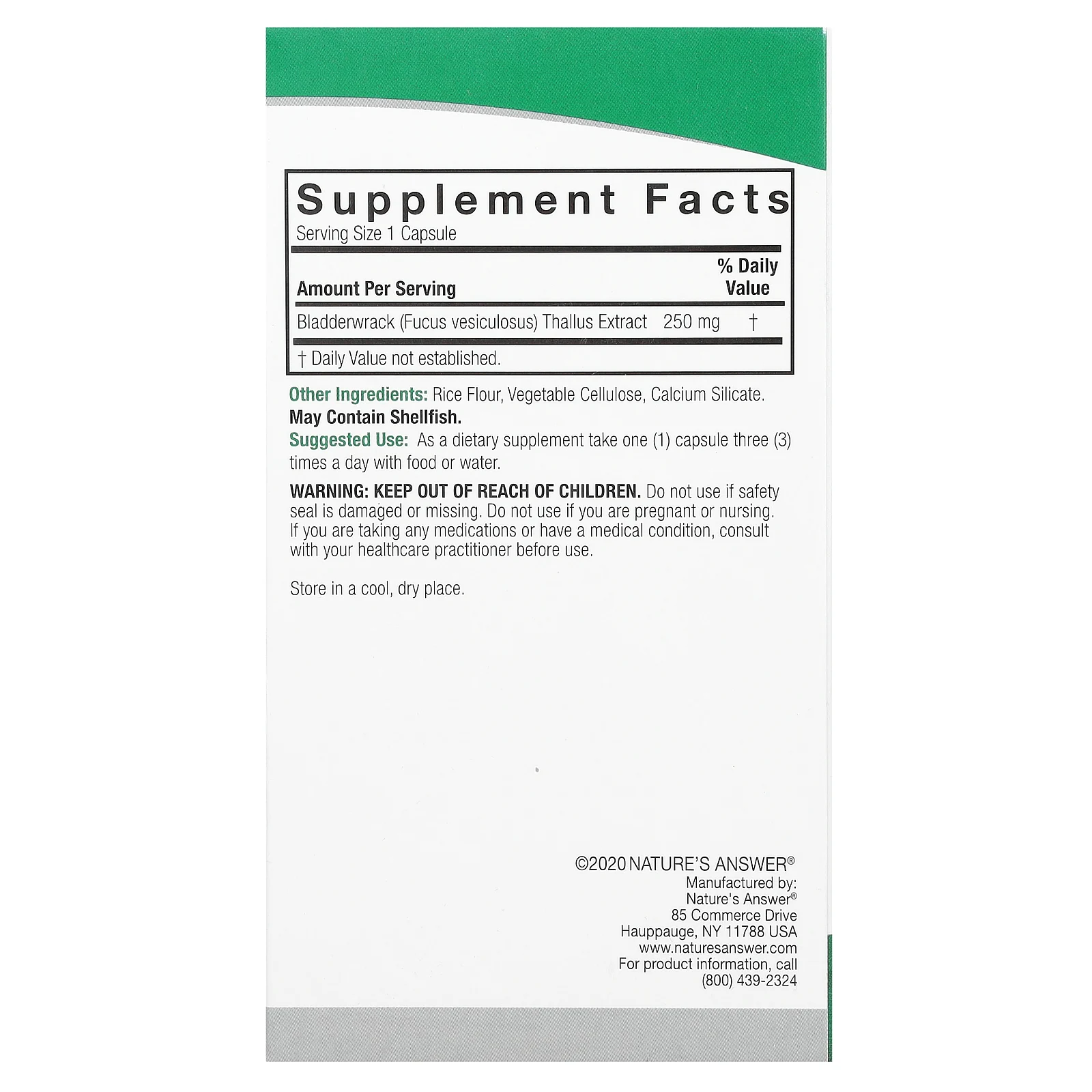 Nature's Answer, ламинария, 250 мг, 90 вегетарианских капсул