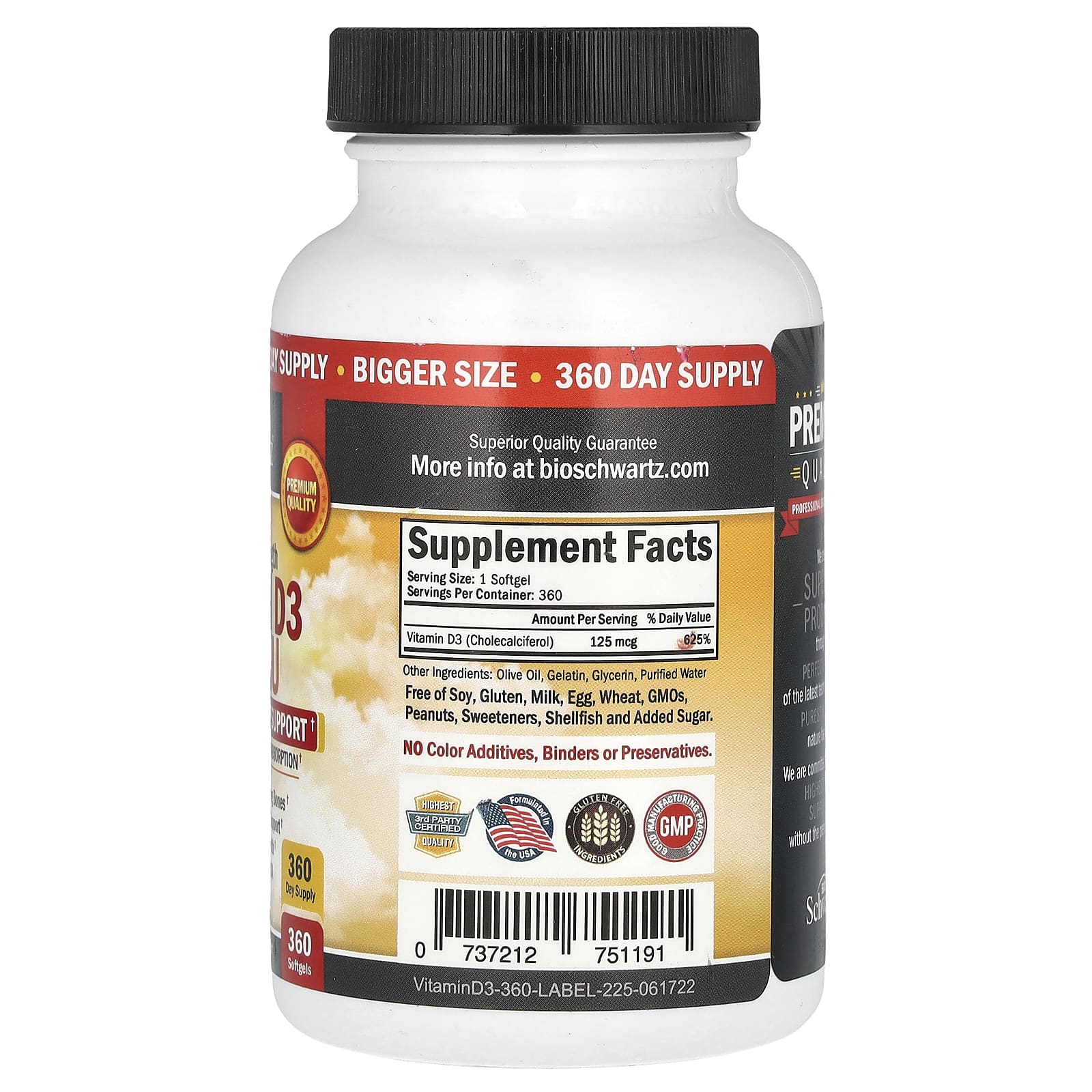 BioSchwartz, витамин D3, суперсила, 5000 МЕ, 360 капсул