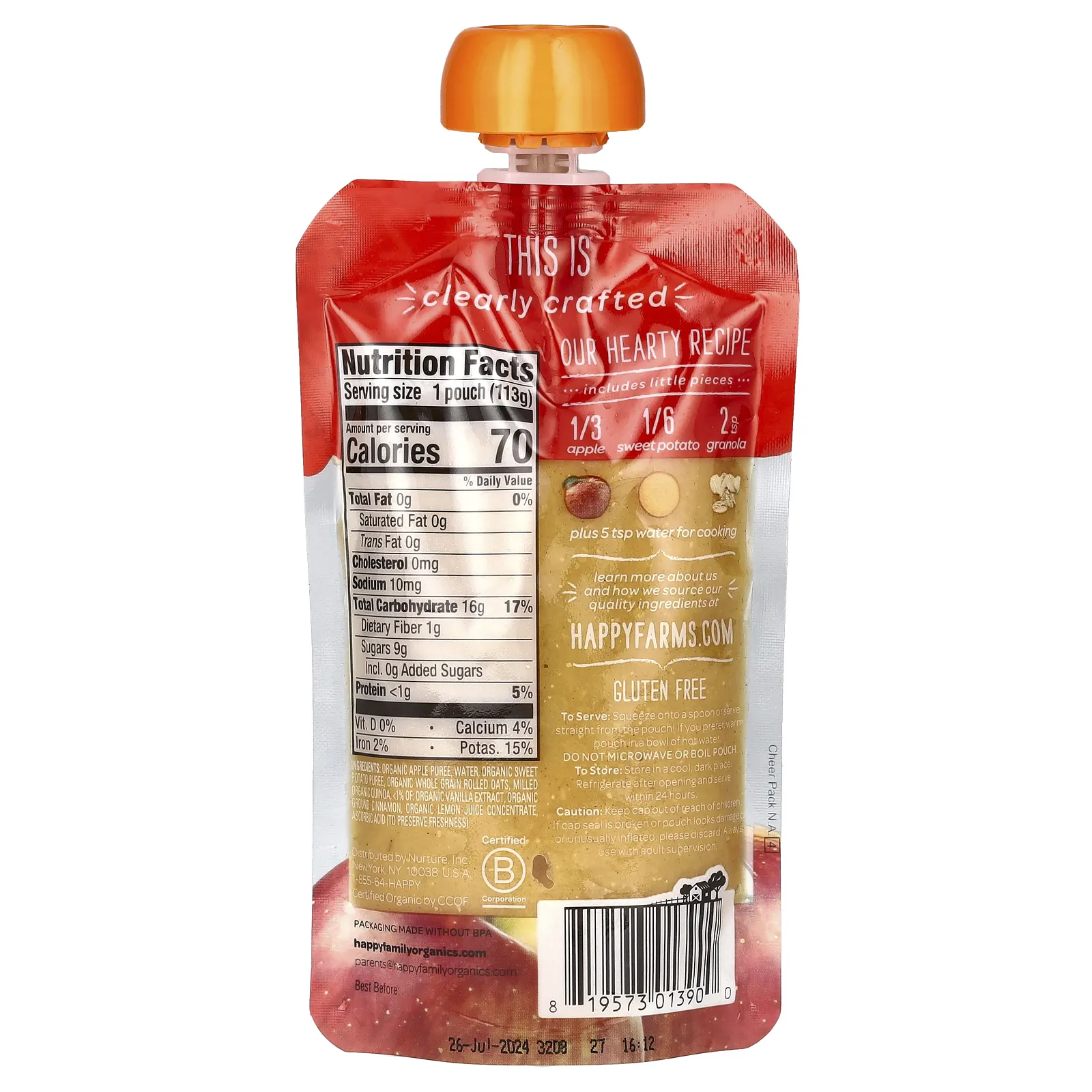 Happy Family Organics, Happy Baby, органическое детское питание, этап 2, яблоки, батат и мюсли, 113 г (4 унции)