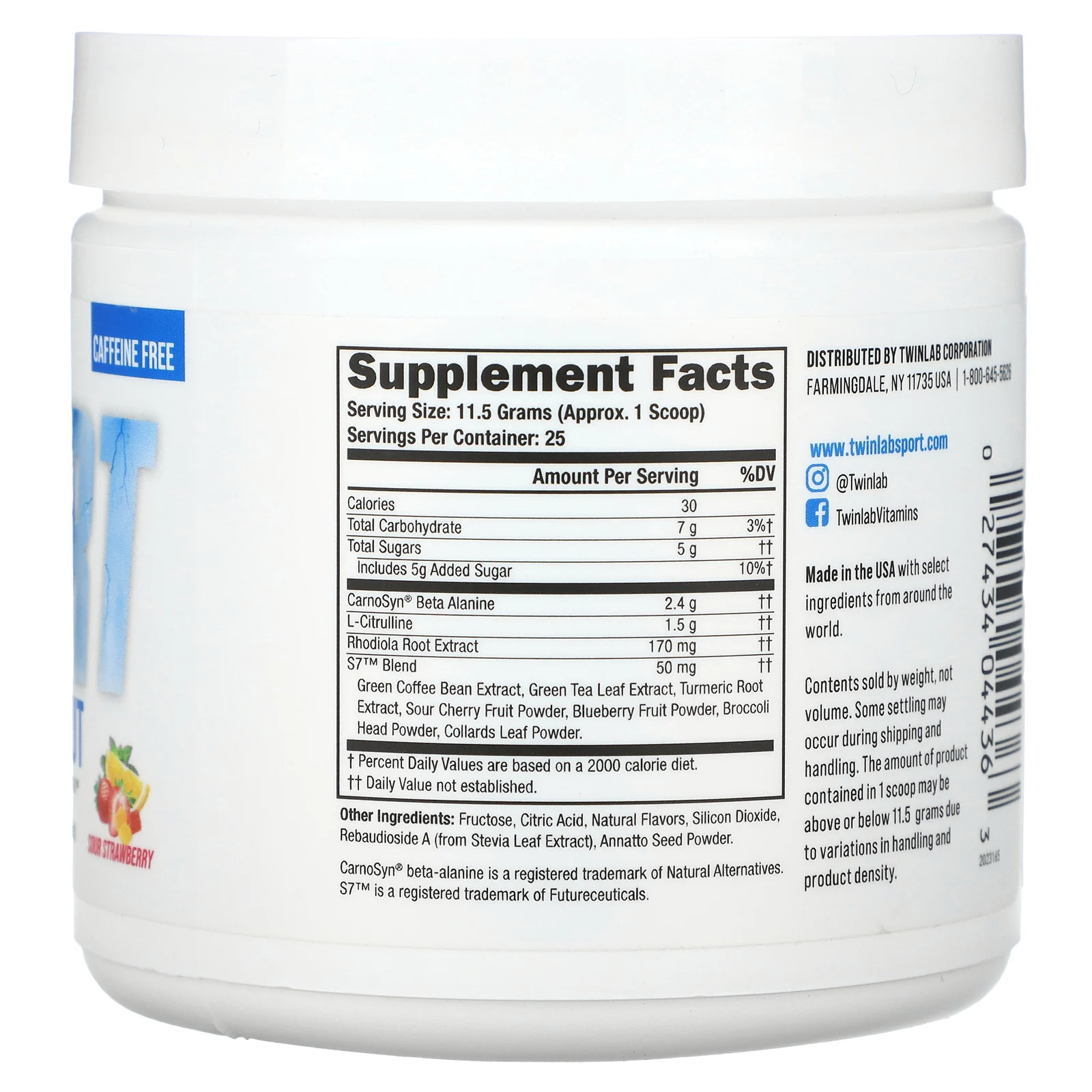 Twinlab, Sport Preworkout, без кофеина, с кислинкой, 287,5 г (10 унций)