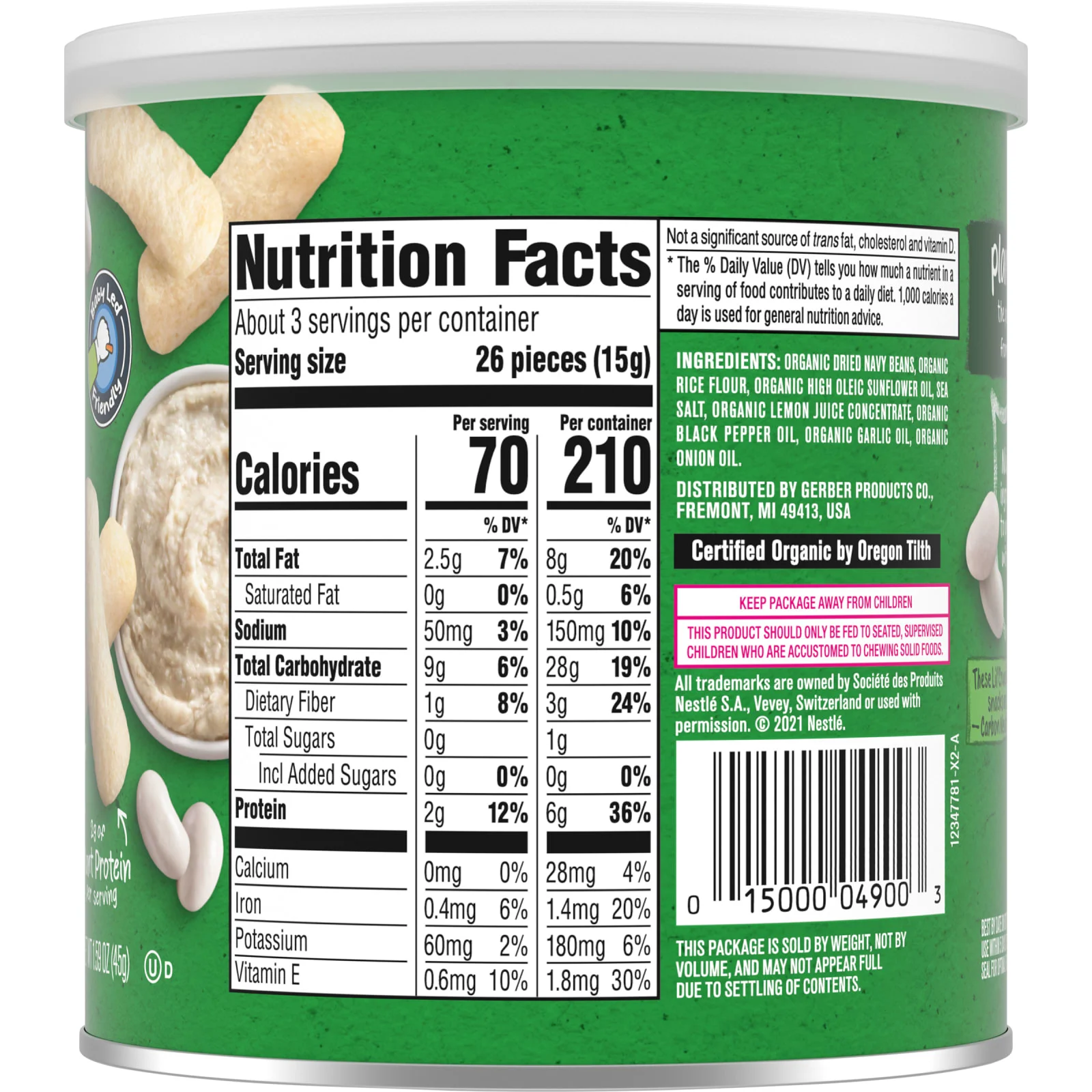 Gerber, Organic для малышей, маленькие хрустящие хлопья, с растительным вкусом, запеченные снеки, для детей от 12 месяцев, хумус из белой фасоли, 45 г (1,59 унции)