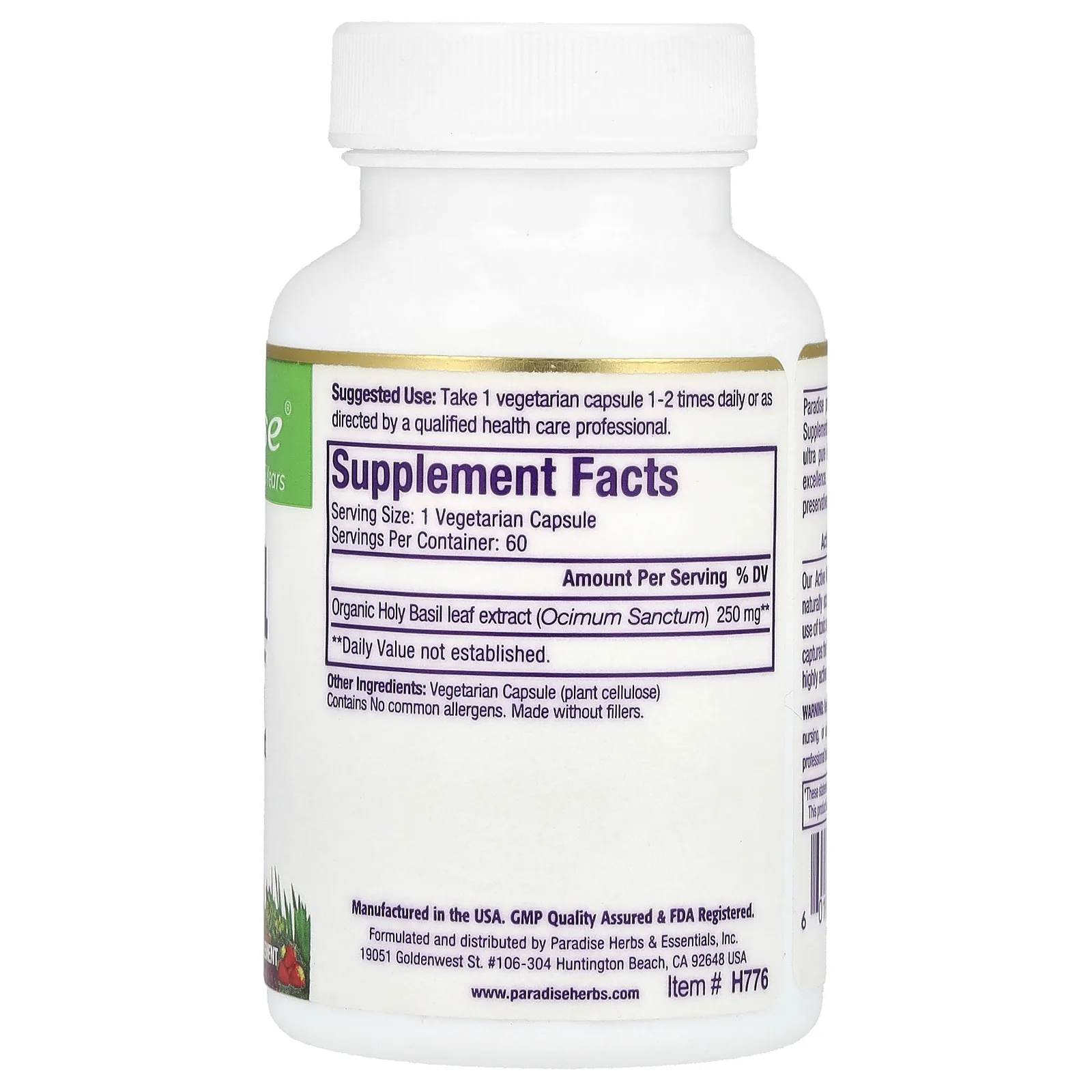 Paradise Herbs, Базилик священный, 60 вегетарианских капсул