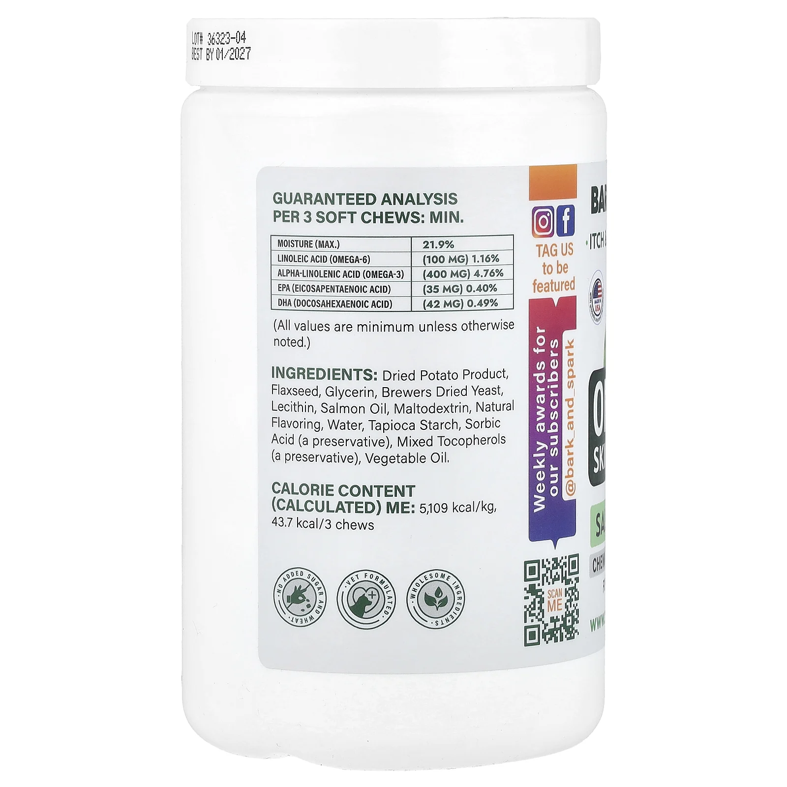 Bark&Spark, Omega Skin & Coat, лососевый жир, для собак и кошек, курица, 180 жевательных таблеток, 513 г (18 унций)