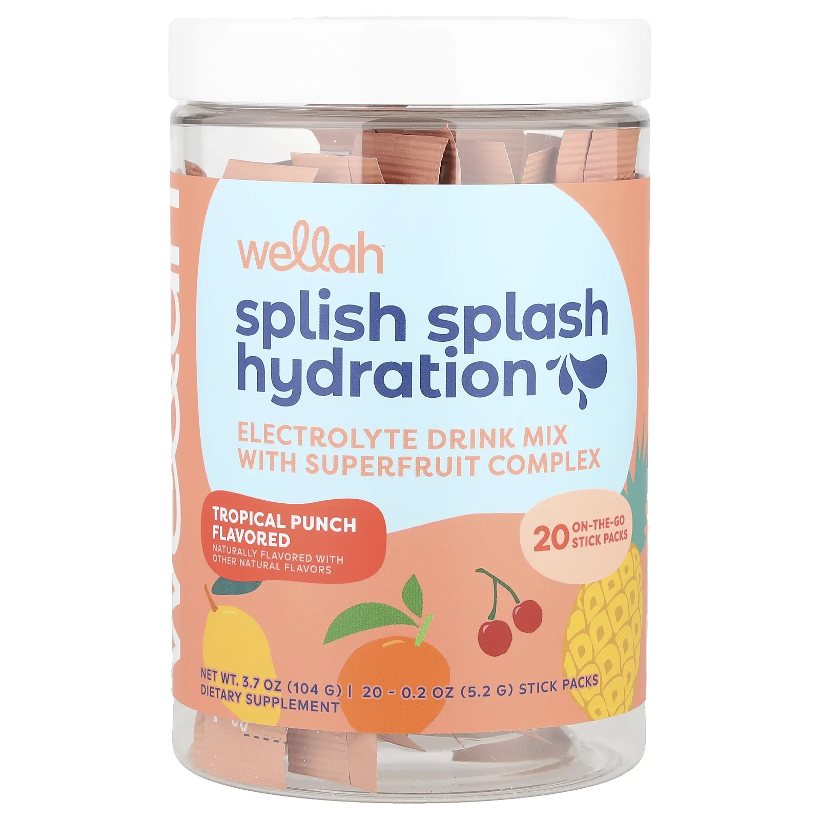 Wellah, Splish Splash Hydration, тропический пунш, 20 пакетиков по 5,2 г (0,2 унции)