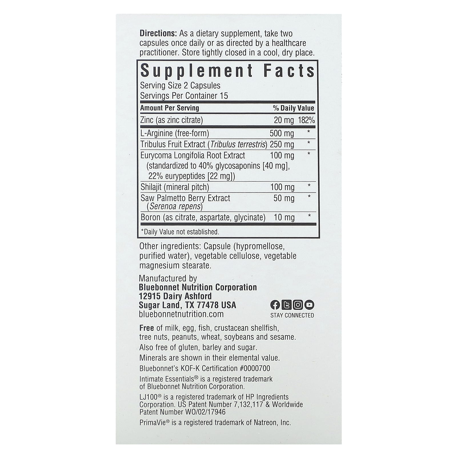 Bluebonnet Nutrition, Intimate Essentials, для него, повышение тестостерона и либидо, 30 вегетарианских капсул