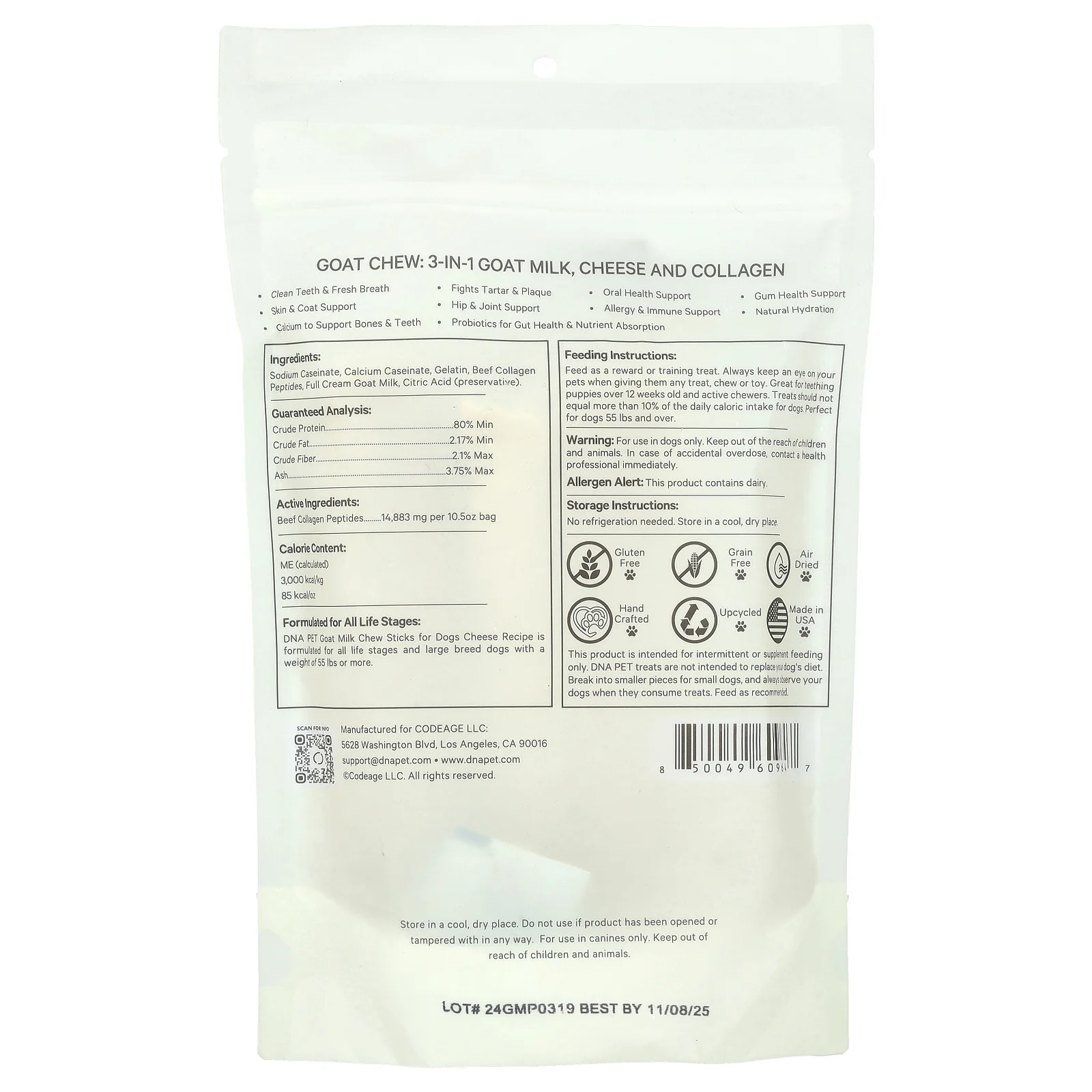 Codeage, DNA Pet, жевательные палочки с козьим молоком, для собак, большие, 3 шт., 298 г (10,5 унции)