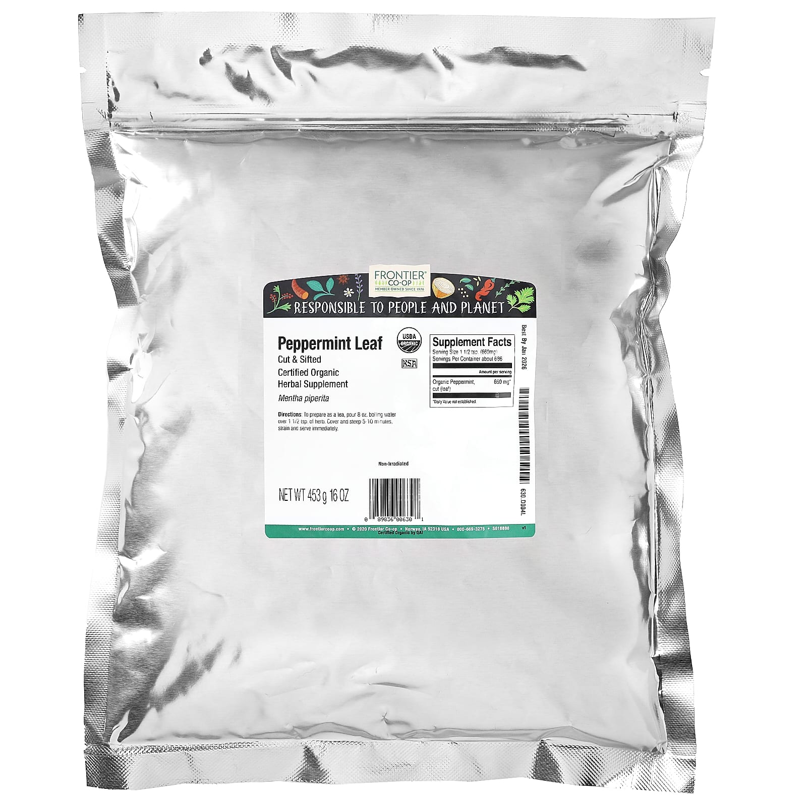 Frontier Co-op, Органические порезанные и просеянные листья мяты перечной, 16 унций (453 г)