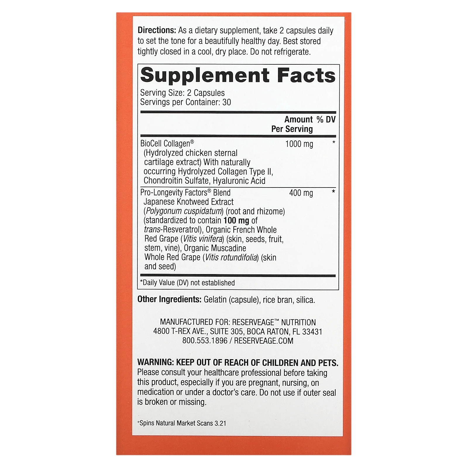 Reserveage Beauty, Collagen Booster с гиалуроновой кислотой и ресвератролом, 60 капсул