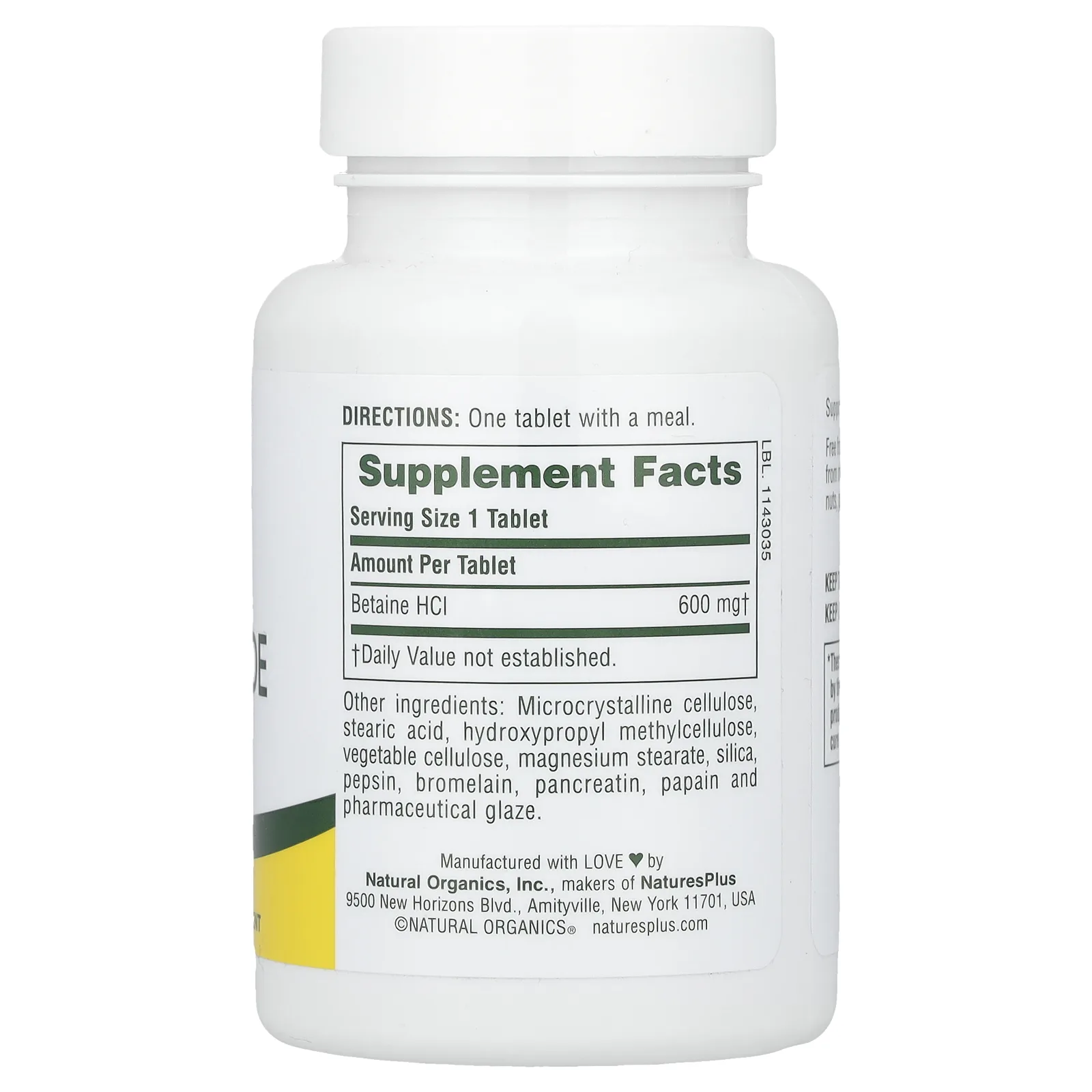 NaturesPlus, Бетаин гидрохлорид (Betaine Hydrochloride), 600 мг, 90 таблеток