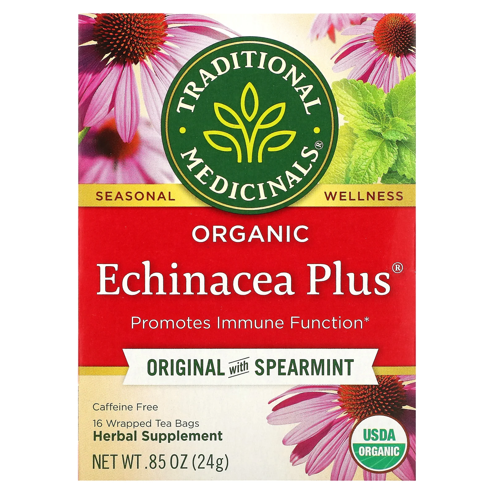 Traditional Medicinals, Organic Echinacea Plus, оригинальный вкус с мятой, без кофеина, 16 чайных пакетиков в упаковке, 24 г (0,85 унции)