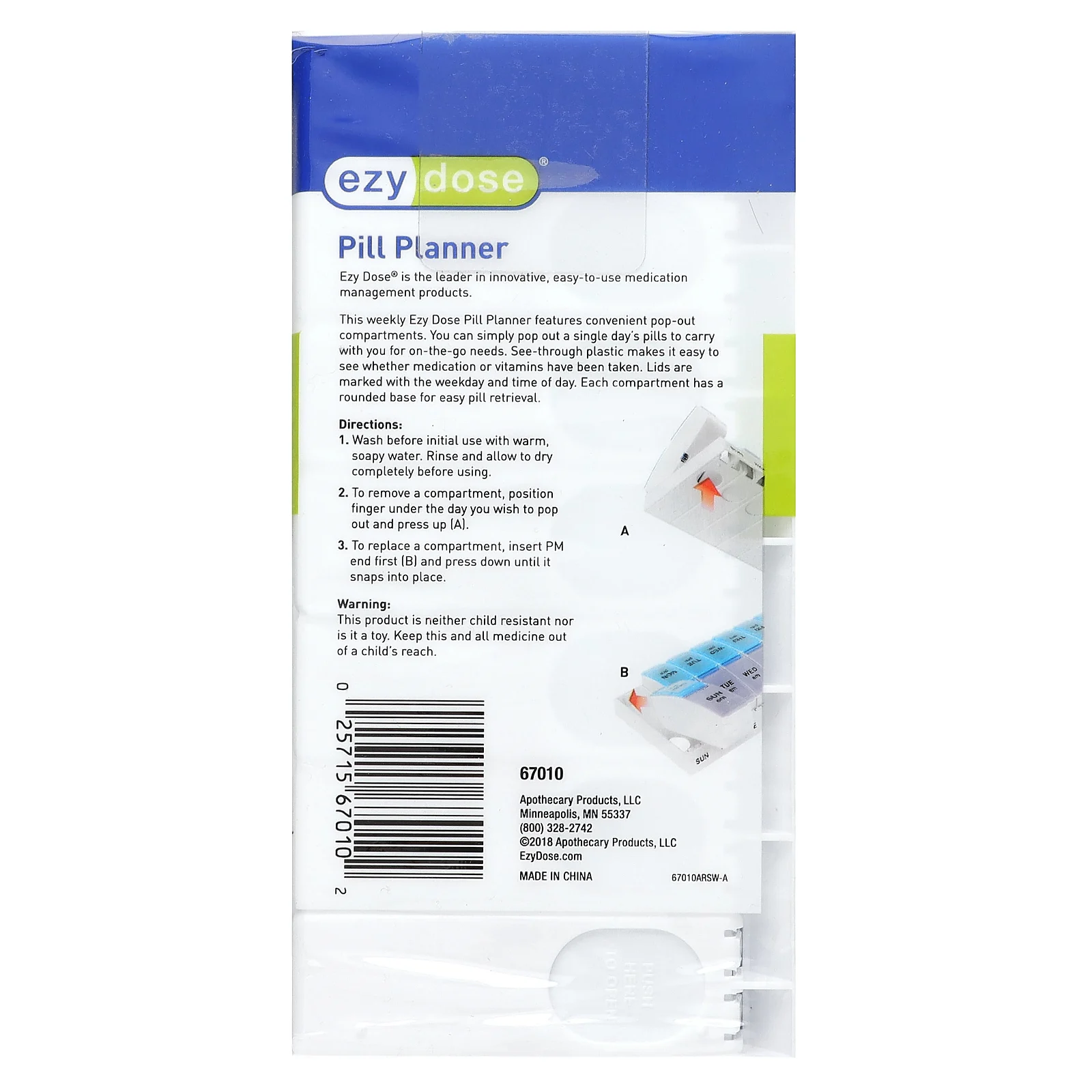 Ezy Dose, Weekly AM/PM, органический ежедневник, с таблетками Pop-outs, большой, 1 шт.