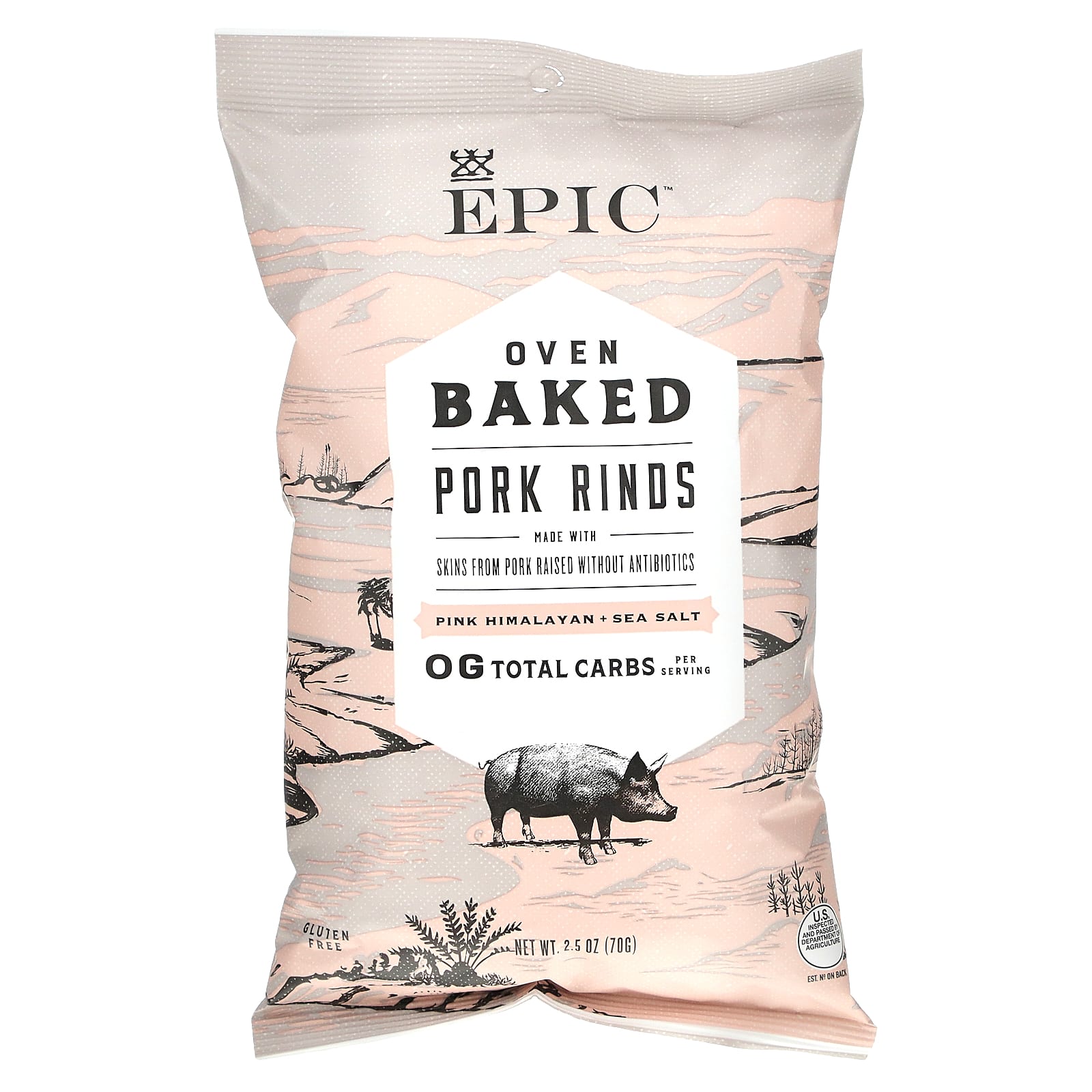 Epic Bar, запеченные в духовке свиные шкурки, розовая гималайская и морская соль, 70 г (2,5 унции)