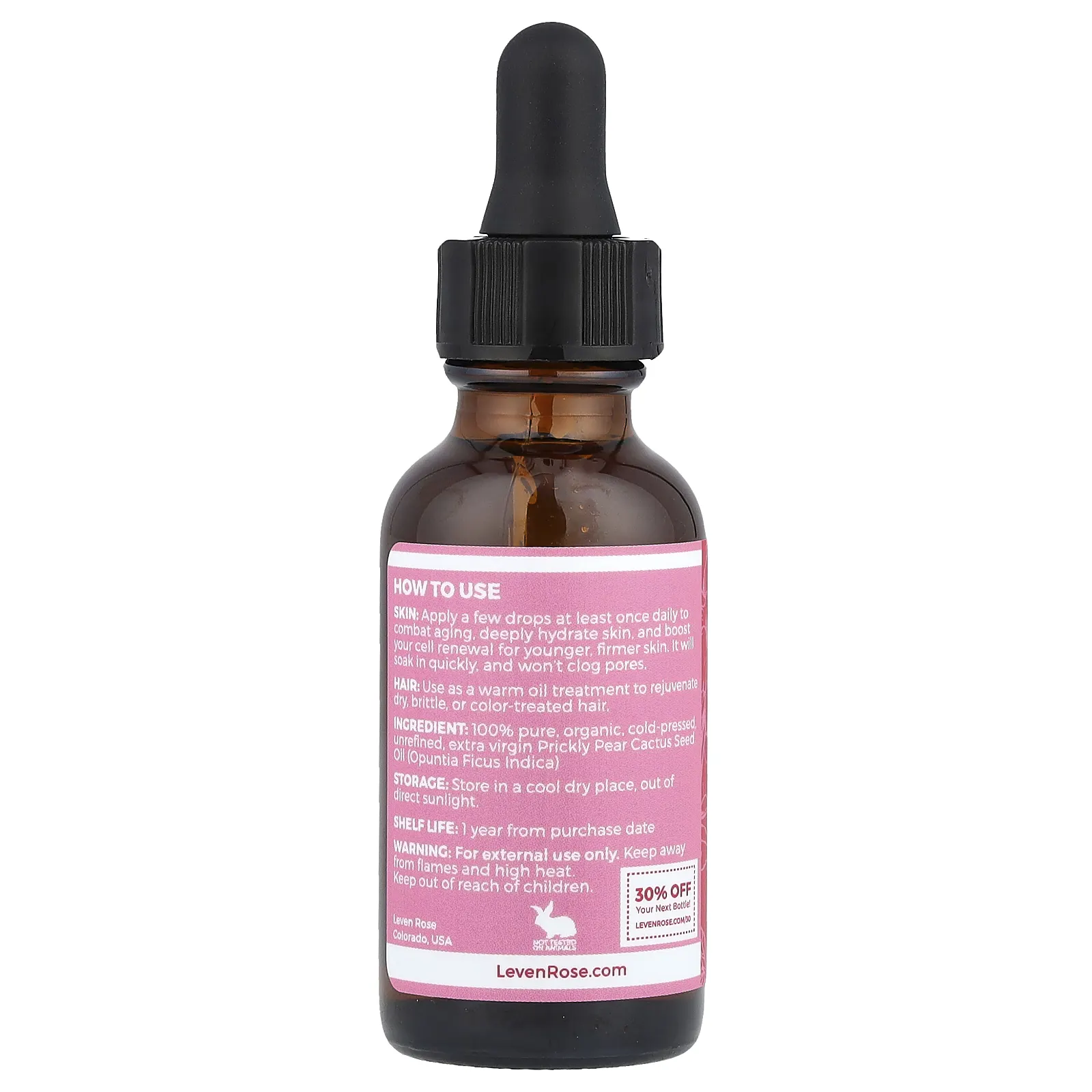 Leven Rose, 100% чистое и органическое масло семян кактуса опунции, 30 мл (1 жидк. Унция)