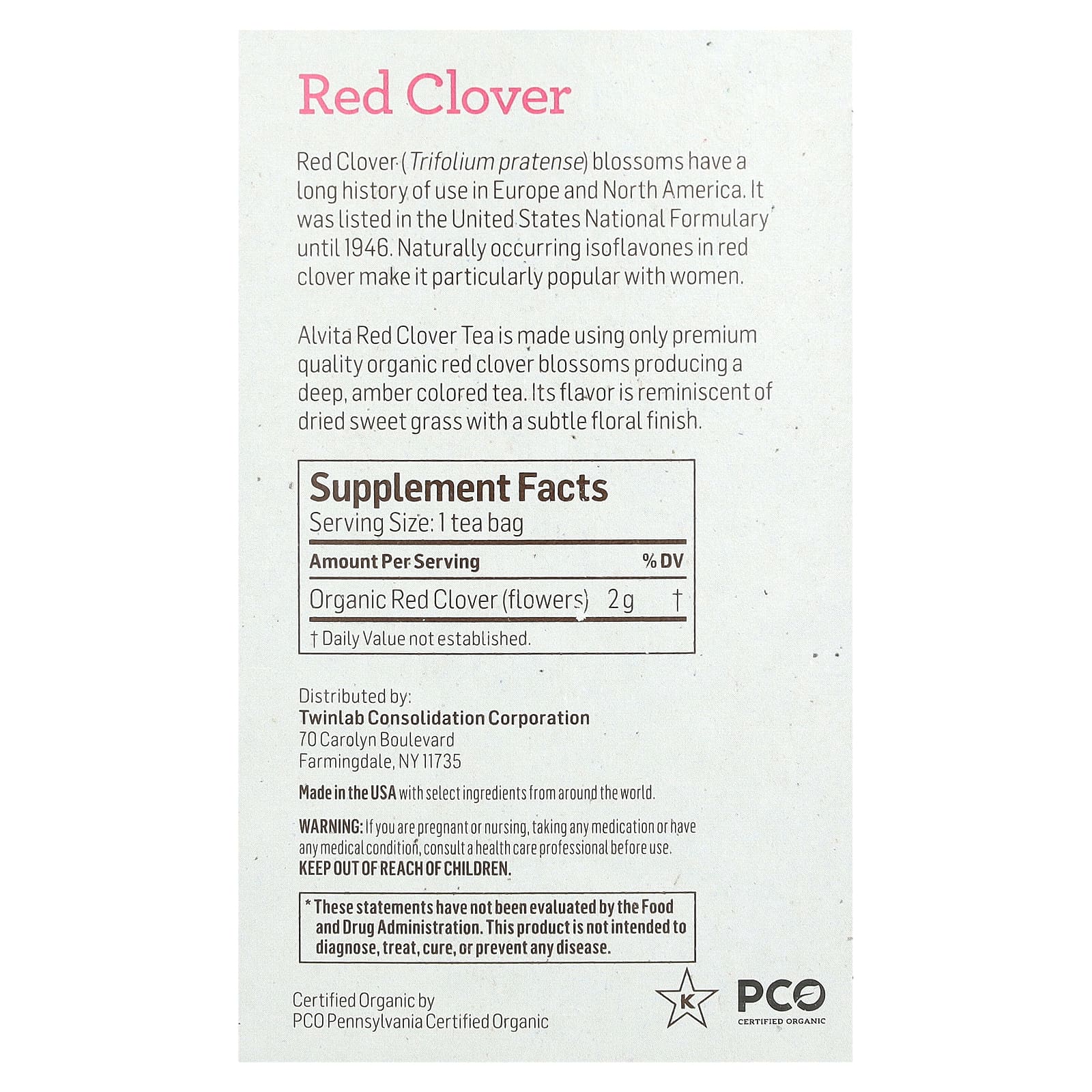 Alvita Teas, органический растительный чай, красный клевер, без кофеина, 16 индивидуально упакованных чайных пакетиков, 32 г (1,13 унции)