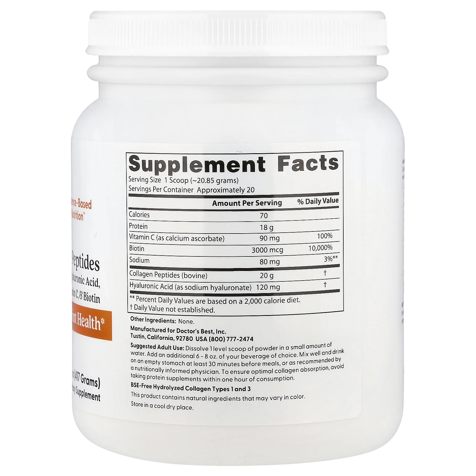 Doctor's Best, чистые пептиды коллагена с гиалуроновой кислотой, витамином C и биотином, 417 г (14,8 унции)