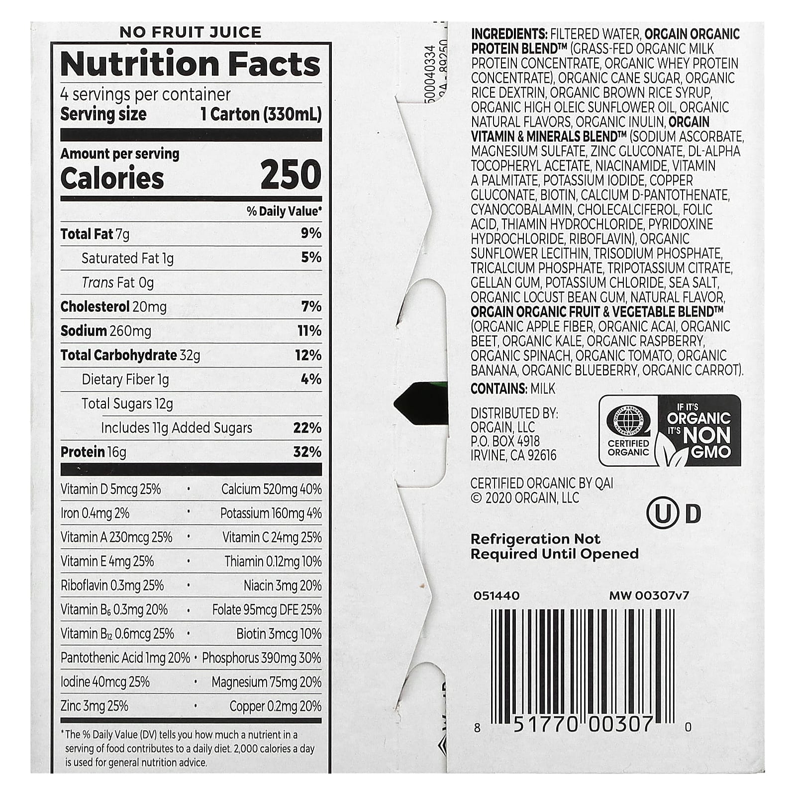 Orgain, Organic Nutrition, питательный коктейль, клубника и сливки, 4 упаковки по 330 мл (11 жидк. Унций)