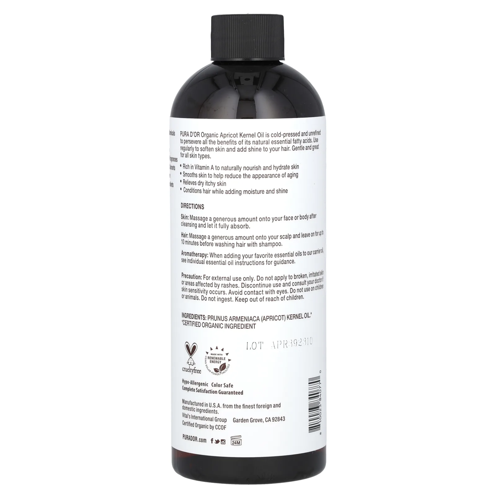 Pura D'or, органическое абрикосовое масло, 473 мл (16 жидк. унций)