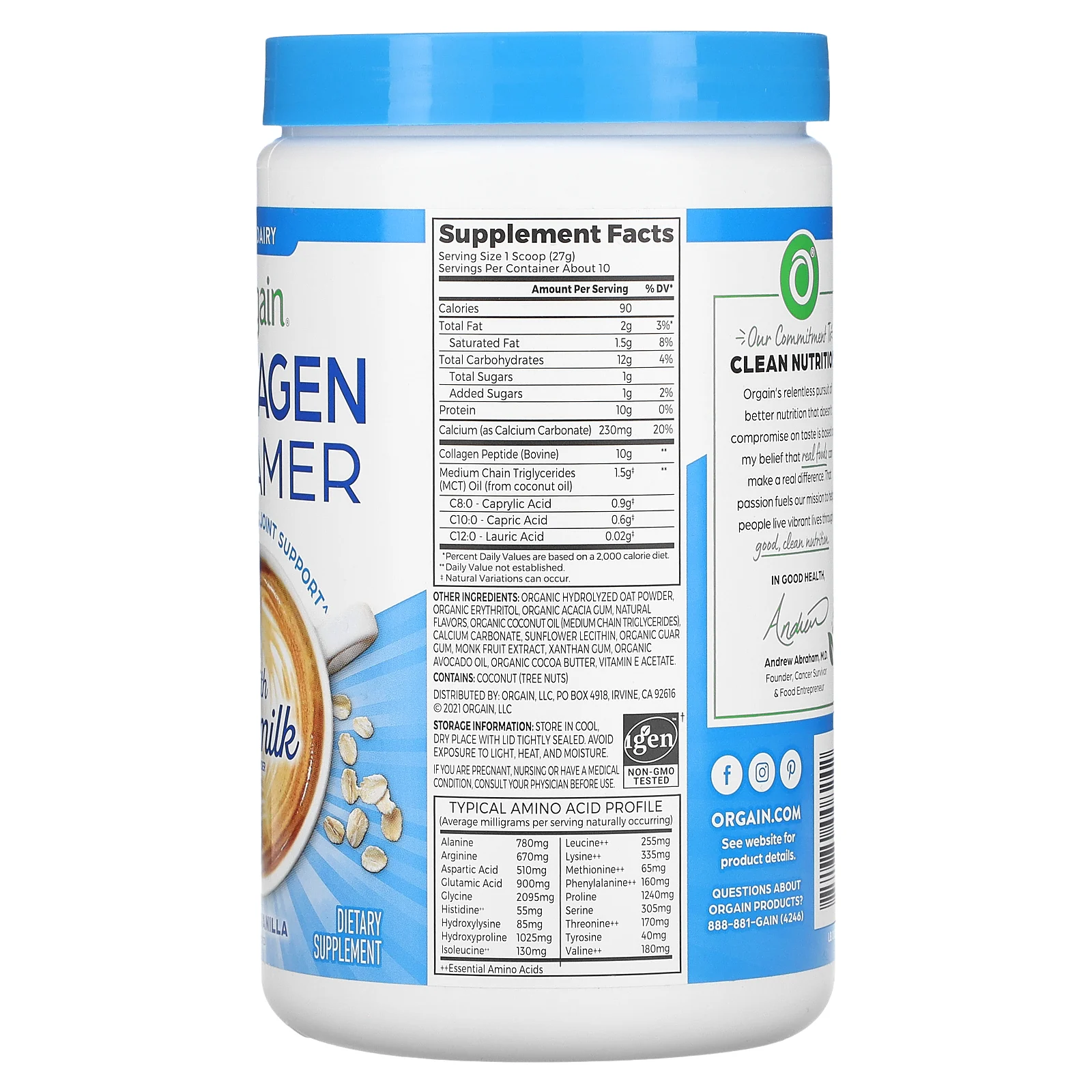 Orgain, Коллагеновые сливки с порошком из овсяного молока, французская ваниль, 283,5 г (10 унций)