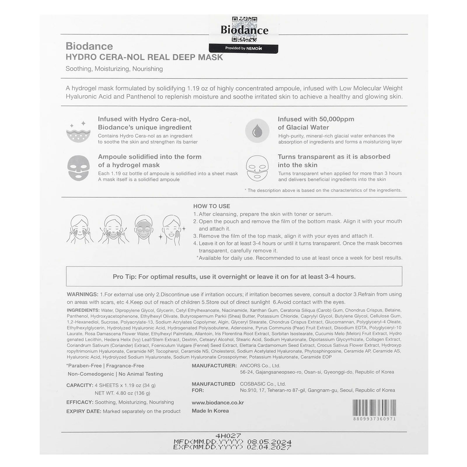 Biodance, Hydro Cera-Nol Real Deep Beauty Mask, 4 шт., 34 г (1,19 унции)