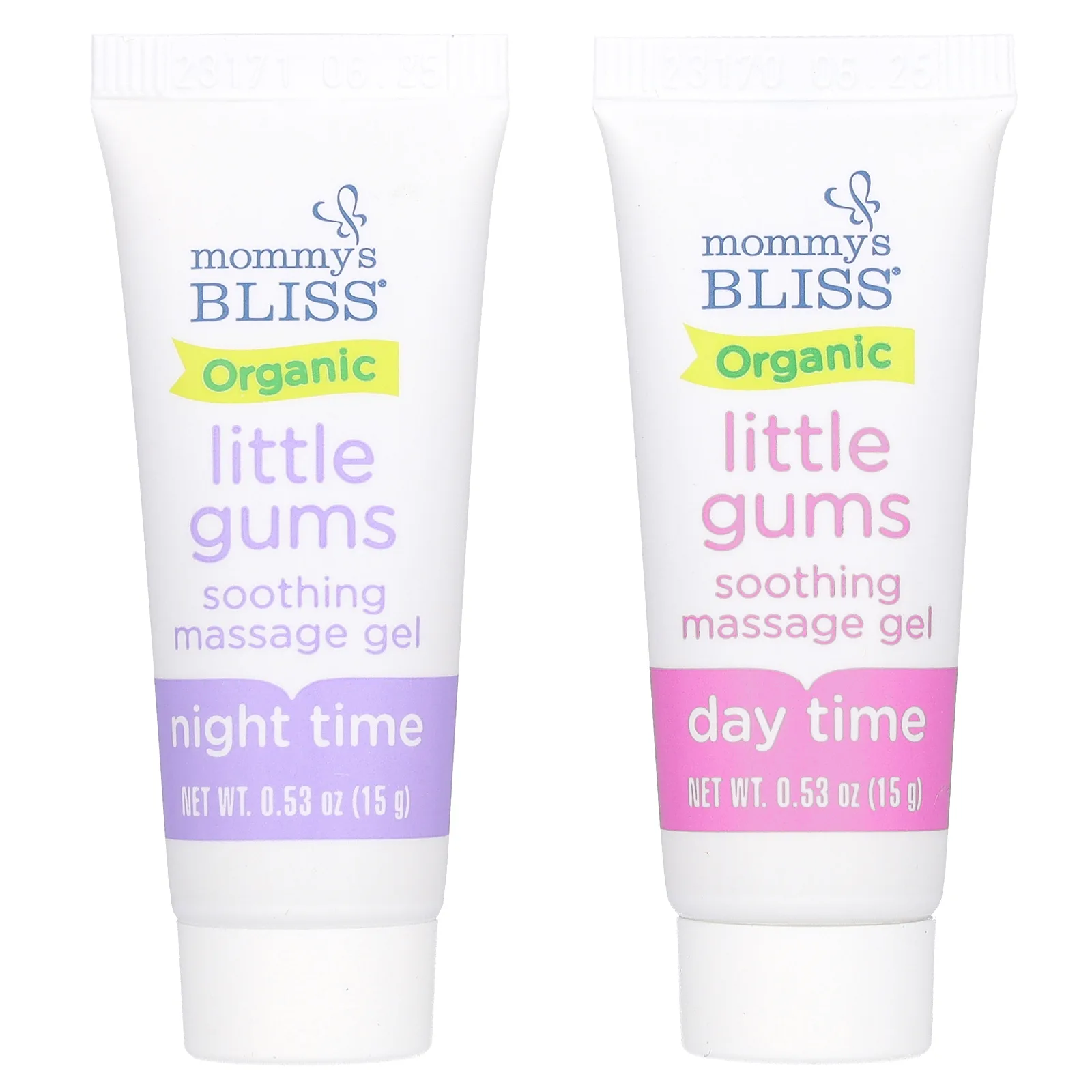 Mommy's Bliss, Organic Little Gums, успокаивающий массажный гель, дневной/ночной пакет, для детей в возрасте от 2 месяцев, 2 тюбика, 15 г (0,53 унции) каждый