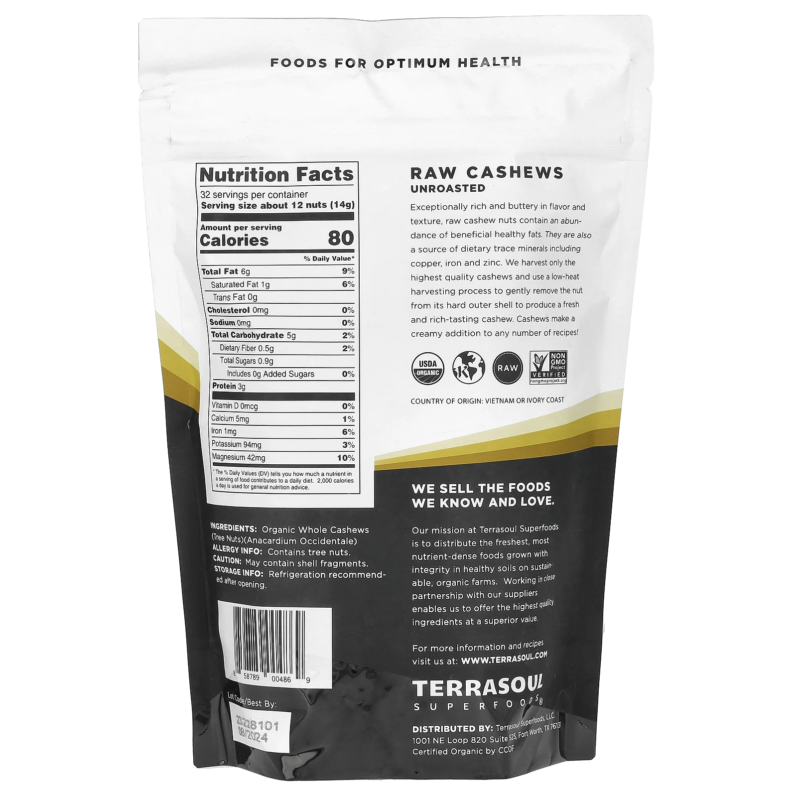 Terrasoul Superfoods, необработанные целые орехи кешью, необжаренные, 454 г (16 унций)