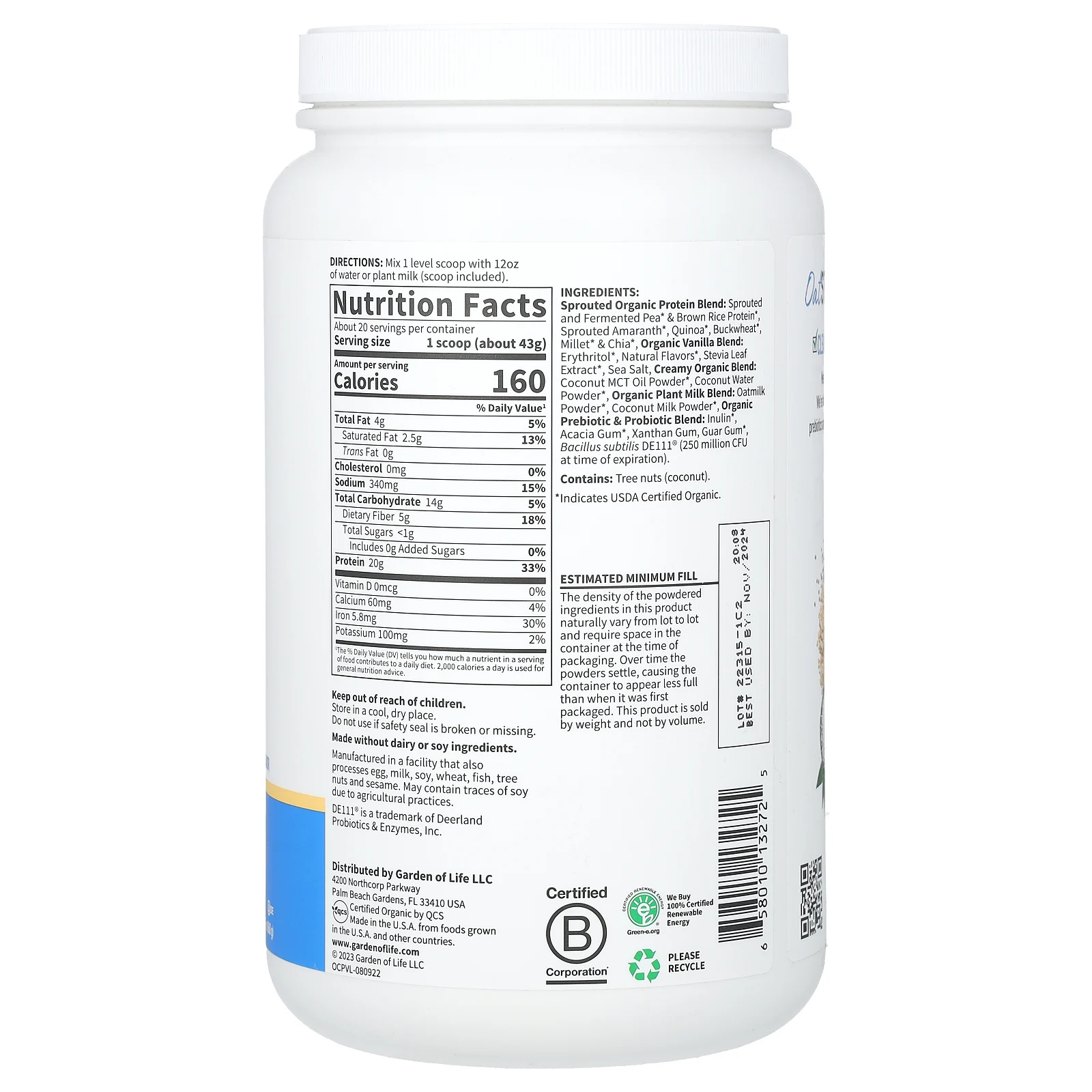 Garden of Life, органический протеиновый крем с порошком из овсяного молока, со вкусом ванильного печенья, 860 г (1 фунт 14,34 унции)