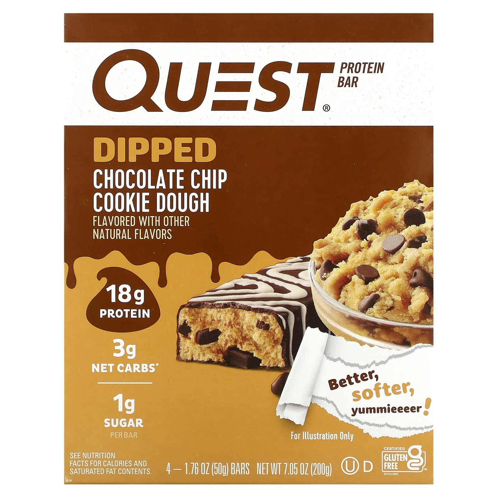 Quest Nutrition, протеиновый батончик, печенье с шоколадной крошкой в глазури, 4 шт. по 50 г (1,76 унции)