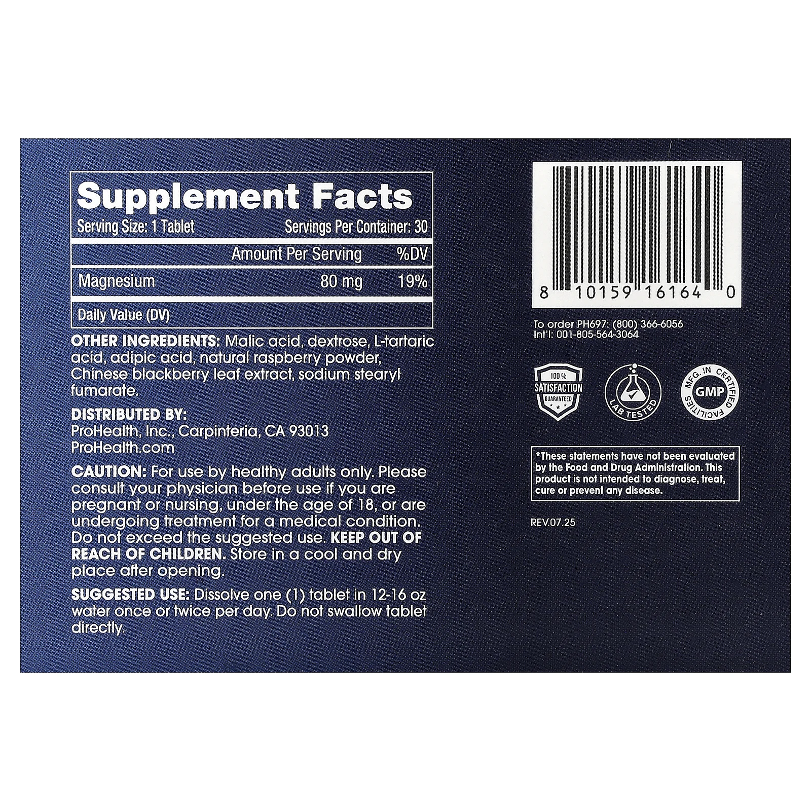 ProHealth Longevity, Molecular Hydrogen Longevity, таблетки для воды, натуральный малиновый вкус, 30 шипучих таблеток (80 мг в 1 таблетке)