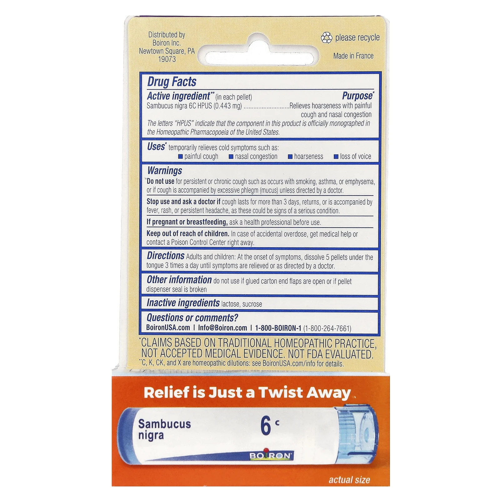 Boiron, Sambucus Nigra, гранулы для рассасывания, 6C, прибл. 80 гранул