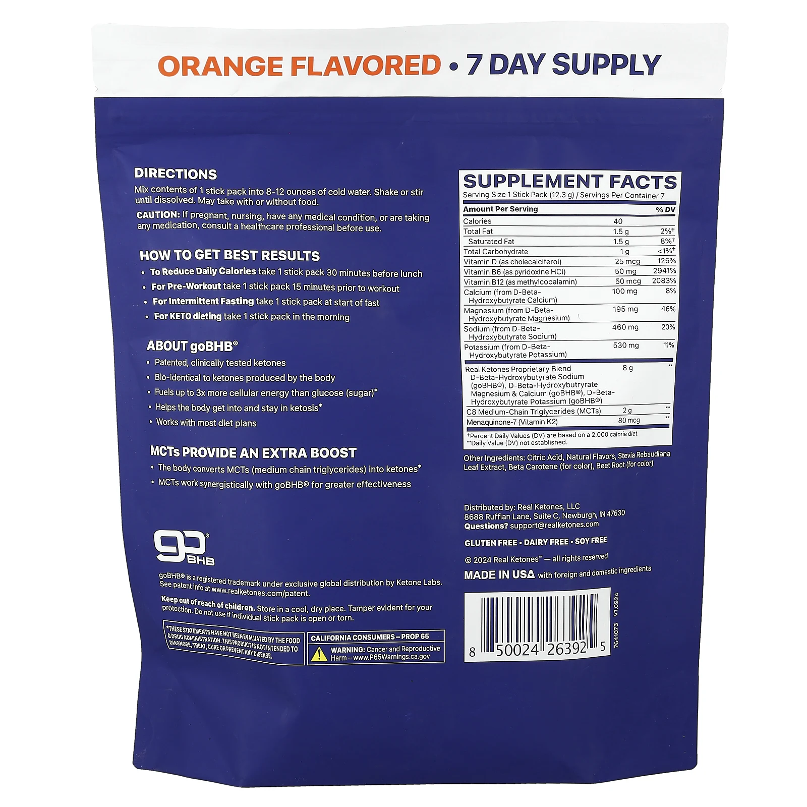 Real Ketones, Elevate, апельсин, 7 пакетиков, 12,3 г (0,43 унции) каждый