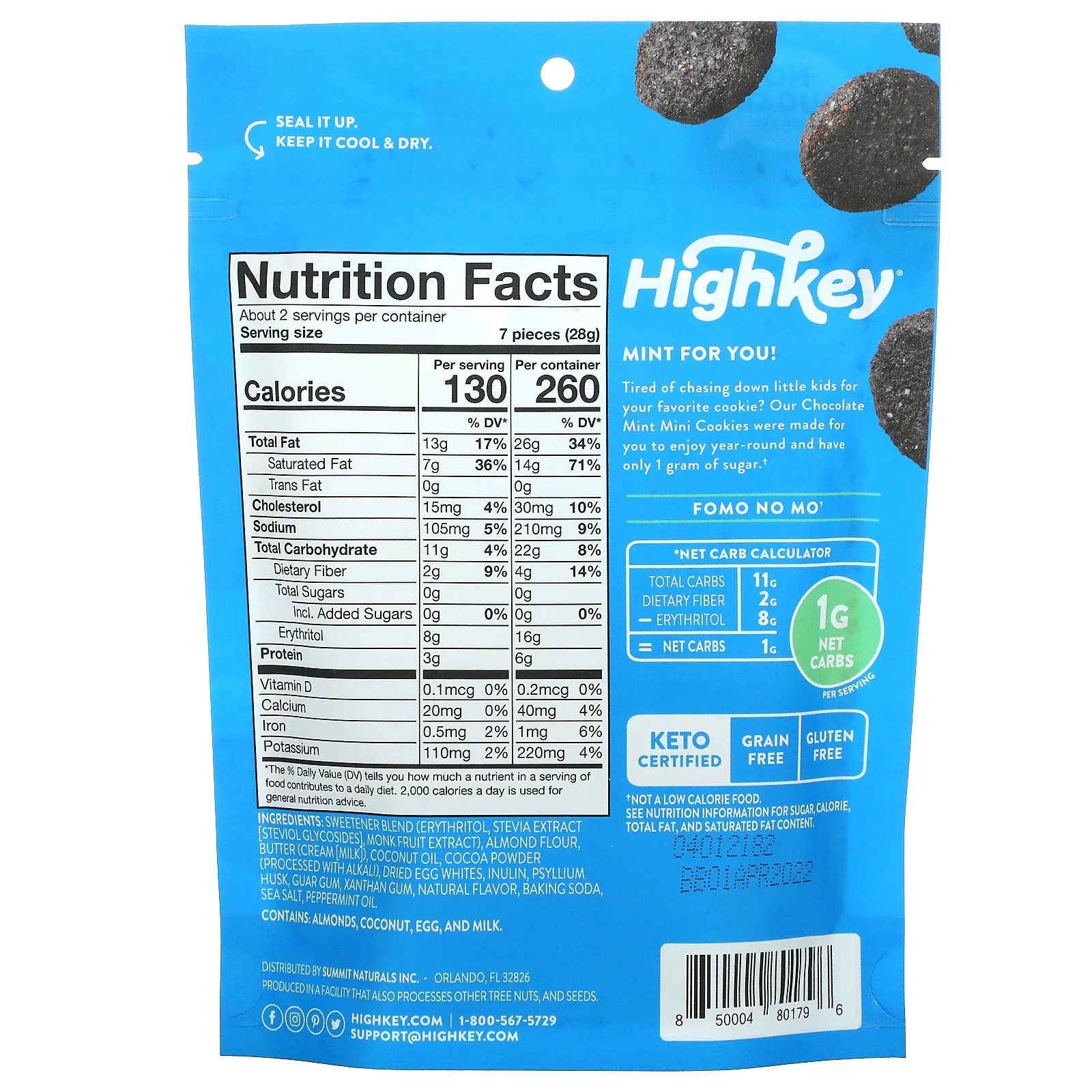 HighKey, мини-печенье, подходит для кетодиеты (подтверждено сертификатом), без добавленного сахара и глютена, со вкусом шоколада и мяты, 56,6 г (2 унции)