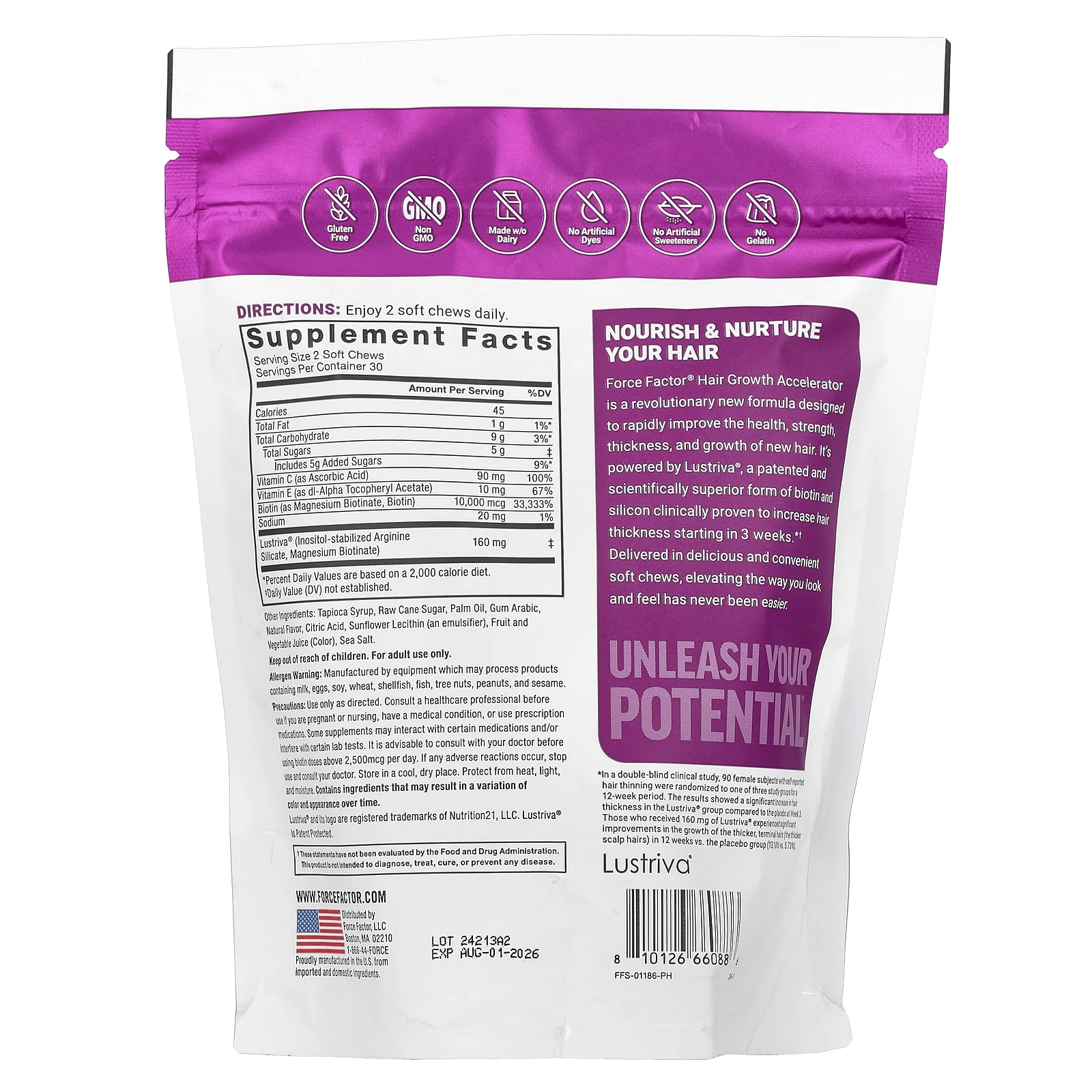 Force Factor, ускоритель роста волос, ягодное ассорти, 60 жевательных таблеток