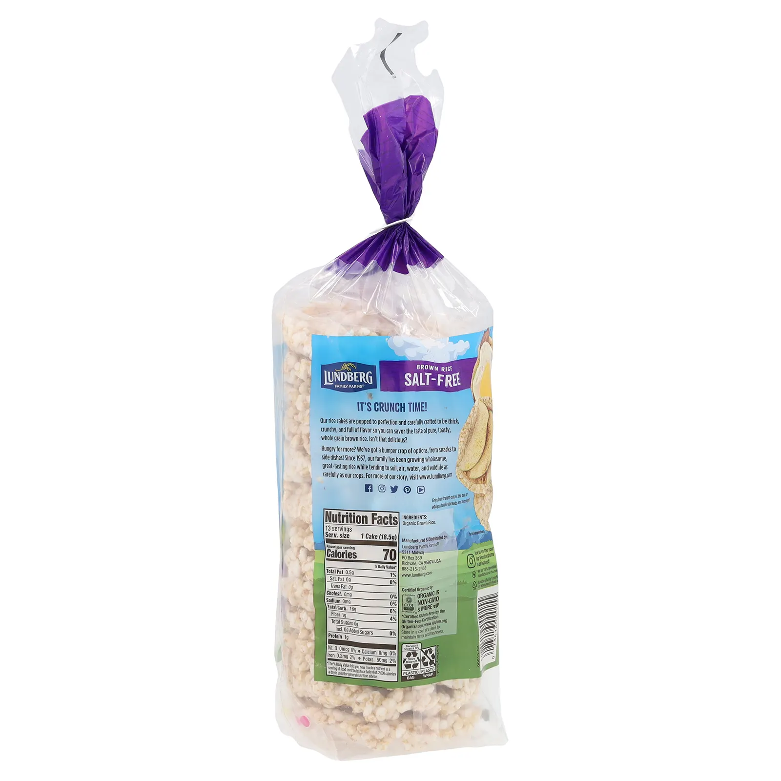 Lundberg, Органические цельнозерновые рисовые лепешки, коричневый рис, без соли, 241 г (8,5 унции)