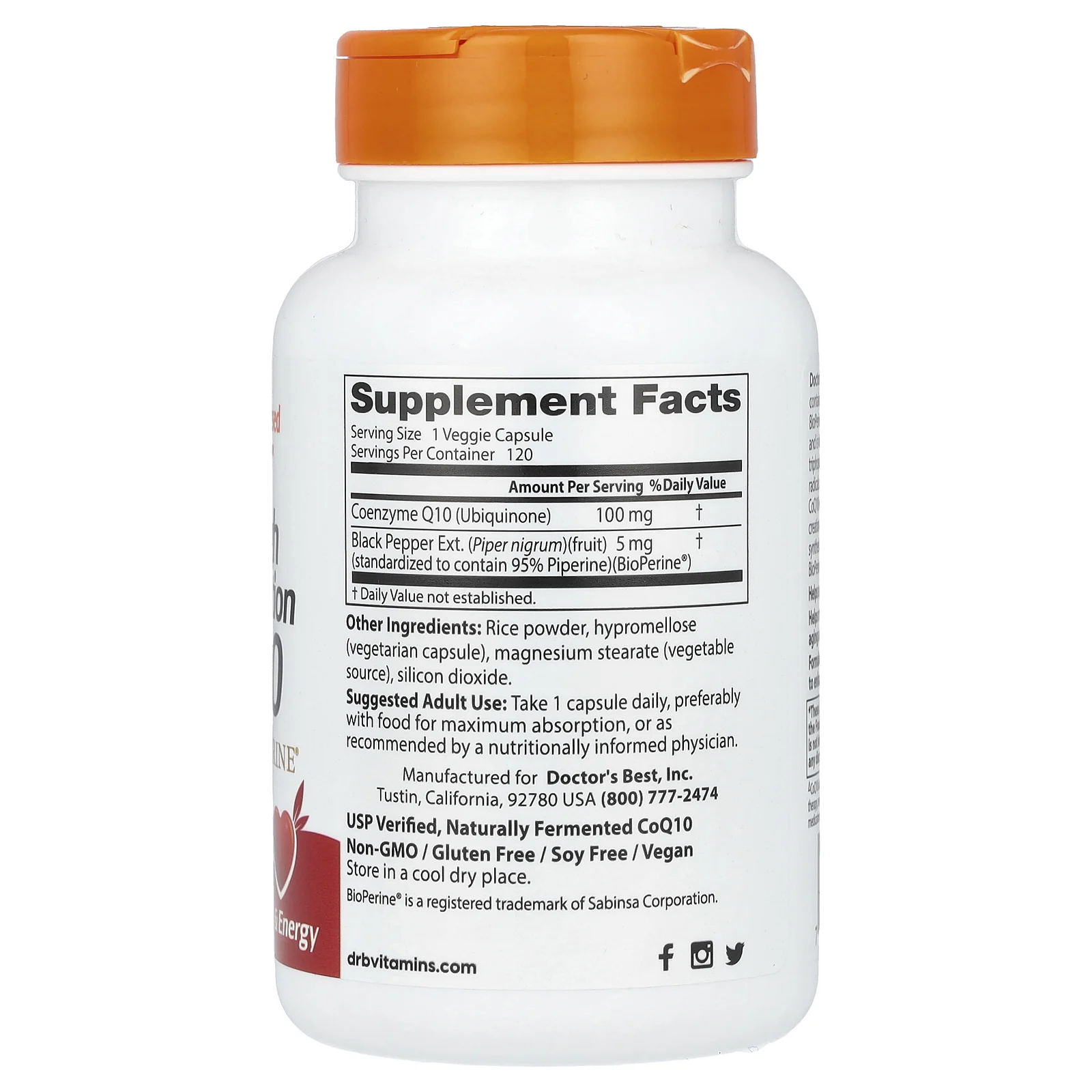 Doctor's Best, коэнзим Q10 с высокой степенью всасывания, с BioPerine, 100 мг, 120 вегетарианских капсул