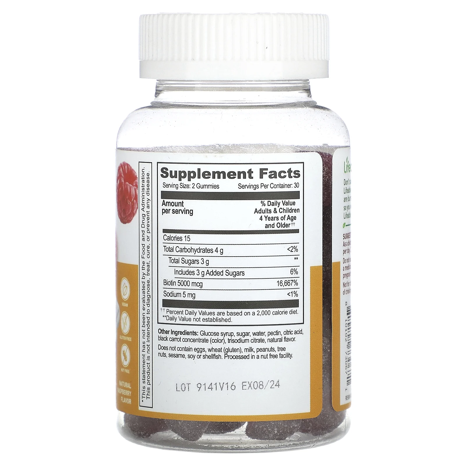 Lifeable, жевательные таблетки с биотином для детей, со вкусом натуральной малины, 5000 мкг, 60 жевательных таблеток (2500 мкг в 1 жевательной таблетке)