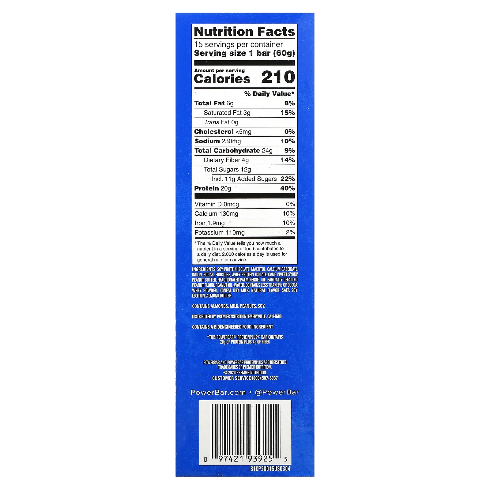 PowerBar, Protein Plus, батончик с арахисовой пастой, 15 батончиков, 60 г (2,11 унции)