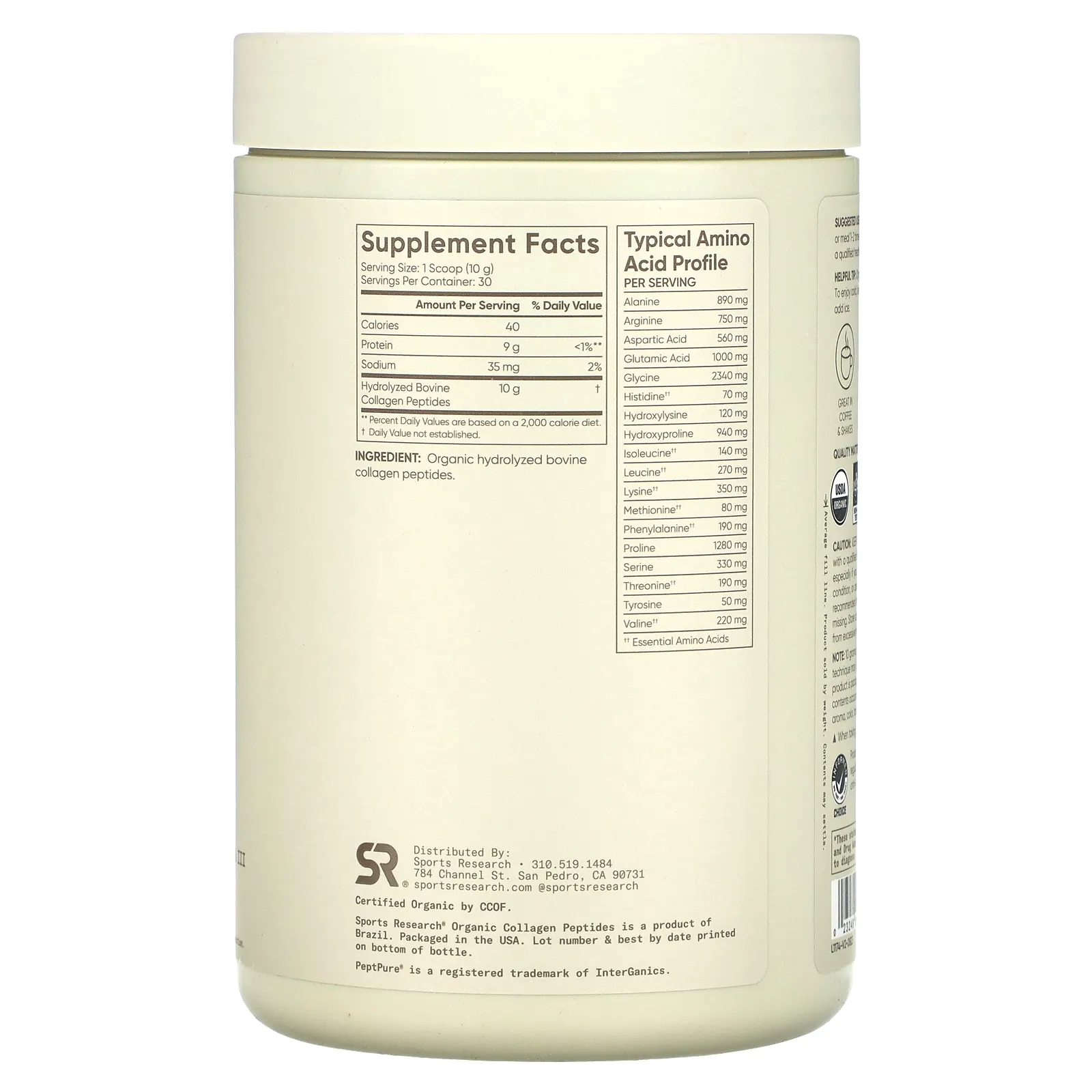 Sports Research, органические пептиды коллагена, с нейтральным вкусом, 300 г (10,58 унции)