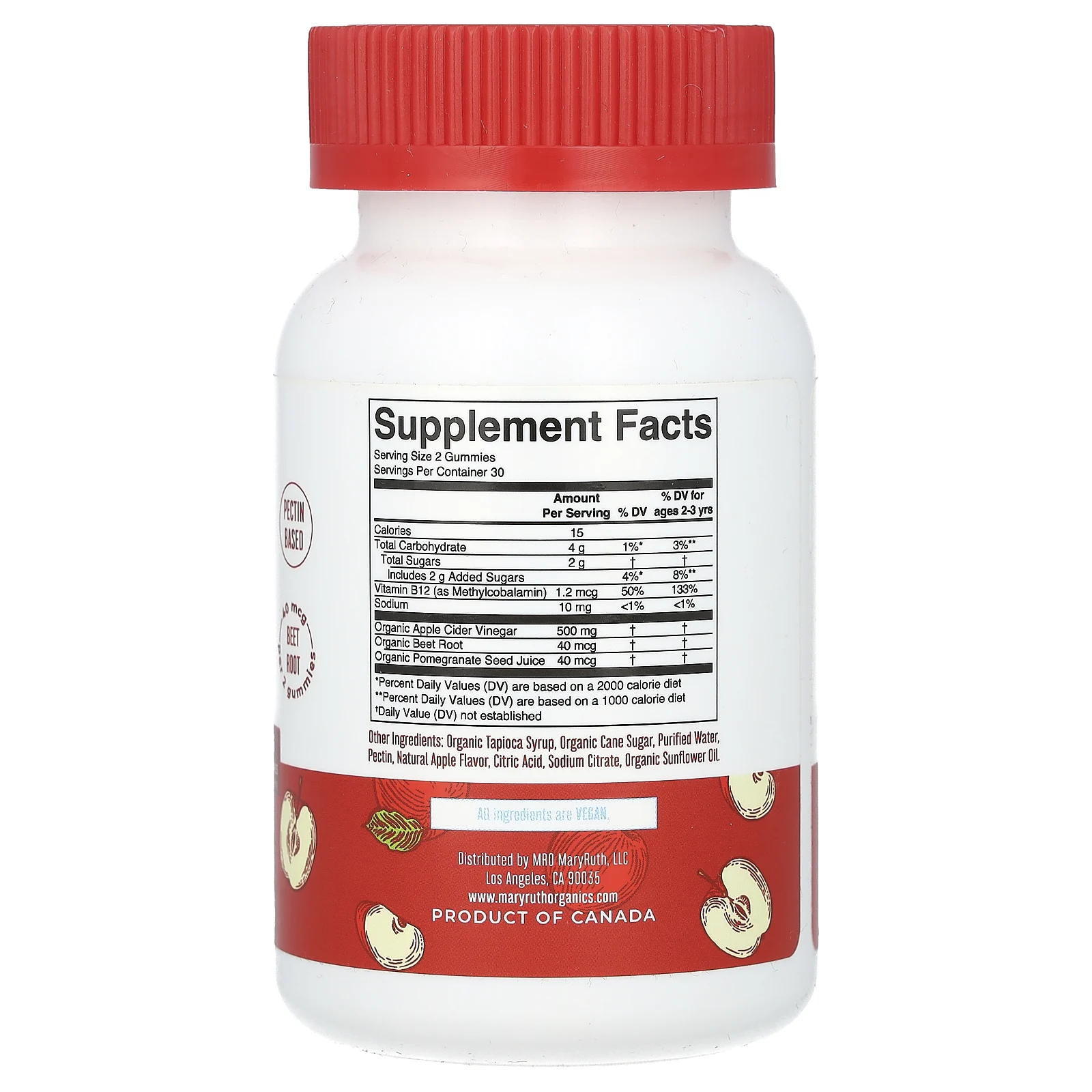 MaryRuth's, яблочный уксус в жевательных таблетках, со вкусом яблока, 500 мг, 60 жевательных таблеток (250 мг в 1 жевательной таблетке)