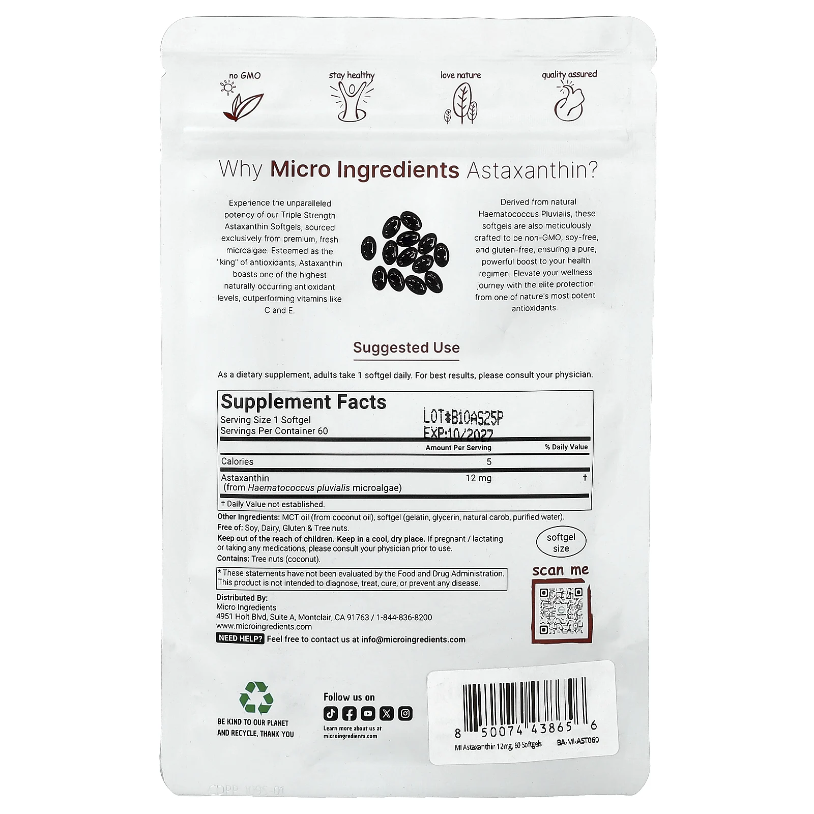 Micro Ingredients, астаксантин, 12 мг, 60 капсул