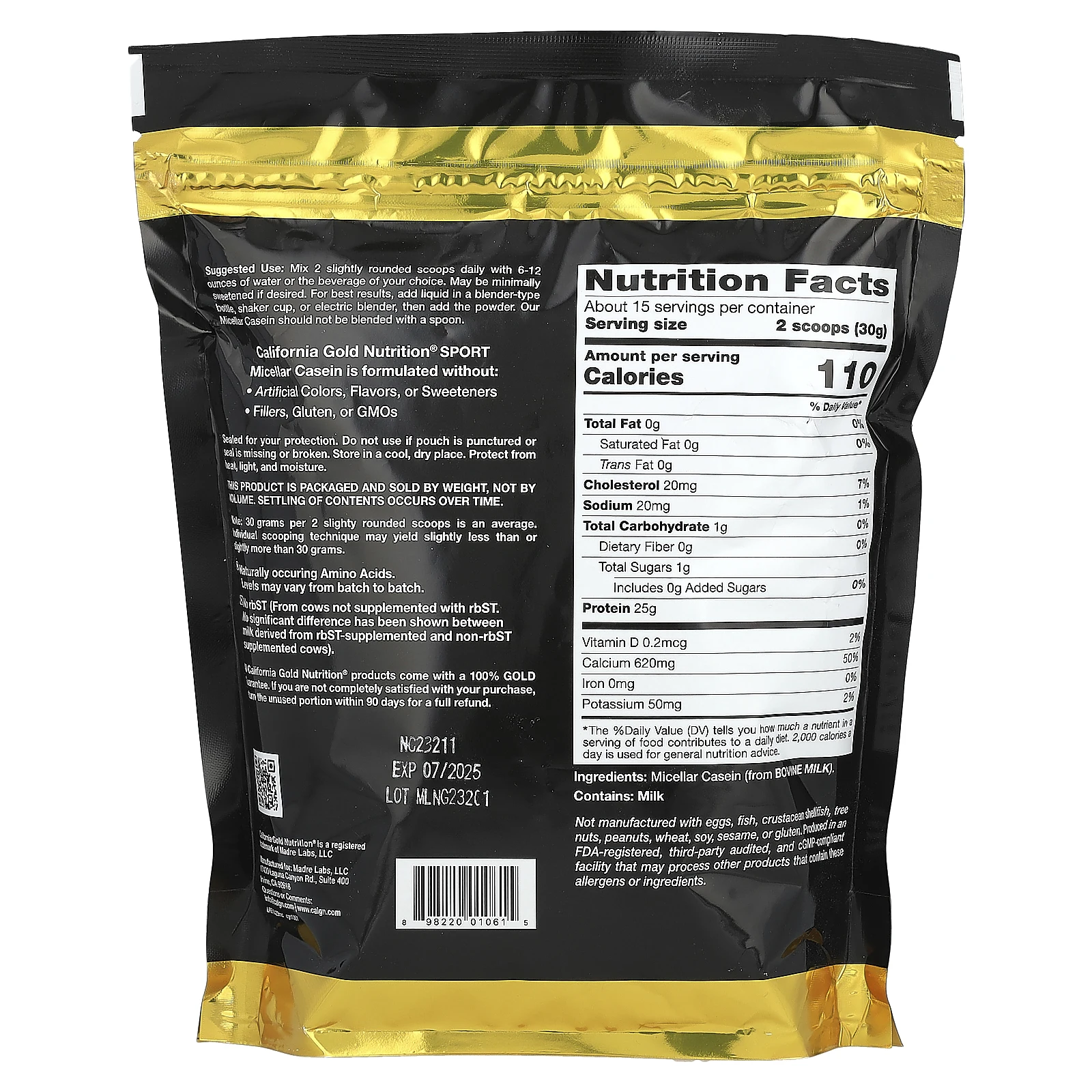 California Gold Nutrition, Sport, мицеллярный казеин, без добавок, медленное усвоение, 454 г (16 унций)