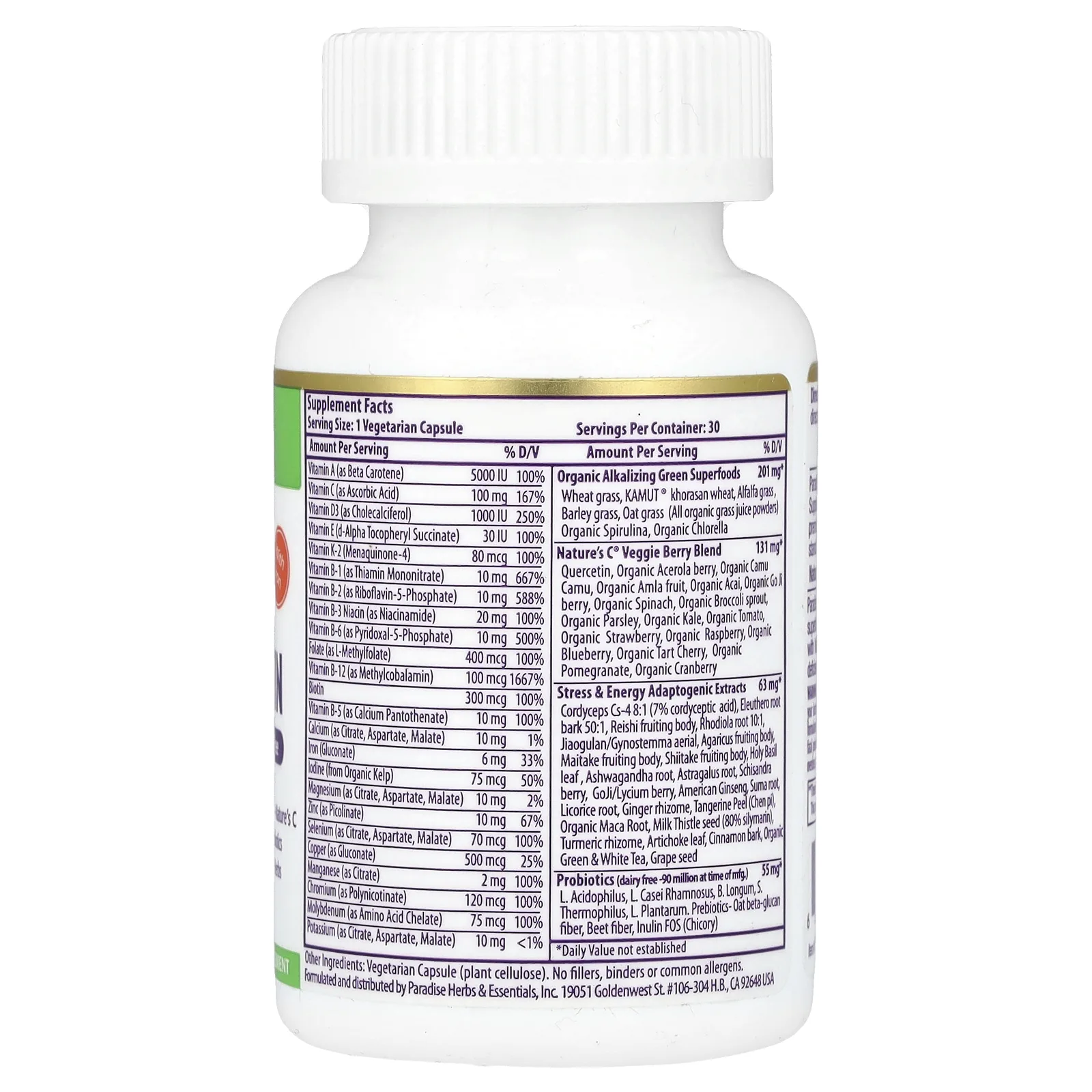 Paradise Herbs, Earth's Blend, комплекс суперфудов и мультивитаминов с железом, для приема один раз в день, 30 вегетарианских капсул
